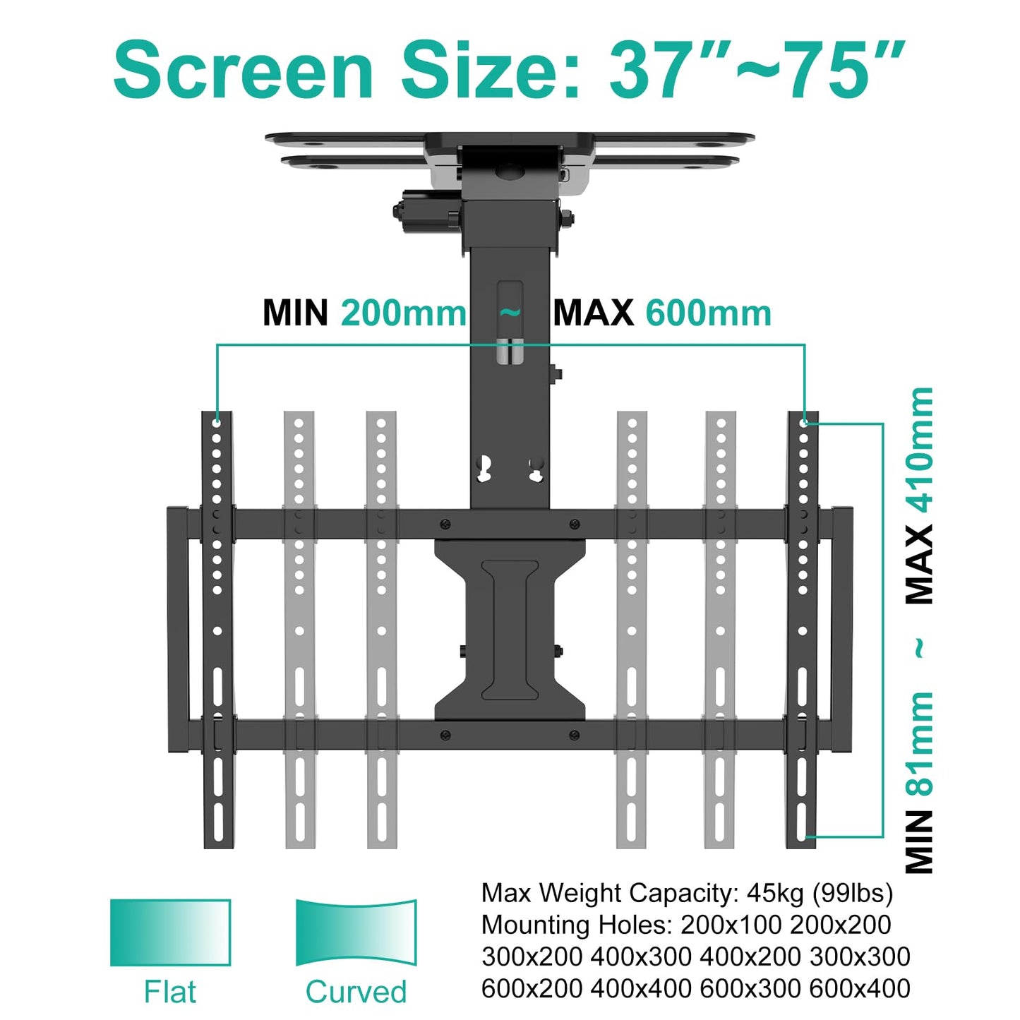 WALI Motorized Ceiling TV Mount Flip Down for 37-75” Flat Curved TVs, Electric Ceiling Mount TV Bracket with Remote, Fits Flat & Pitched Ceiling, Up to 99 Lbs, Mounting Holes 600x400mm(FCM604A), Black