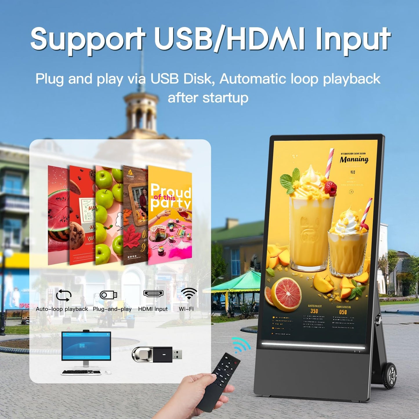 MWE 55 Inch Outdoor Digital Signage Display Monitor, Portable Battery Powered High Brightness Screen Advertising Display Kiosk, Movable Waterproof Standing Poster, Android OS