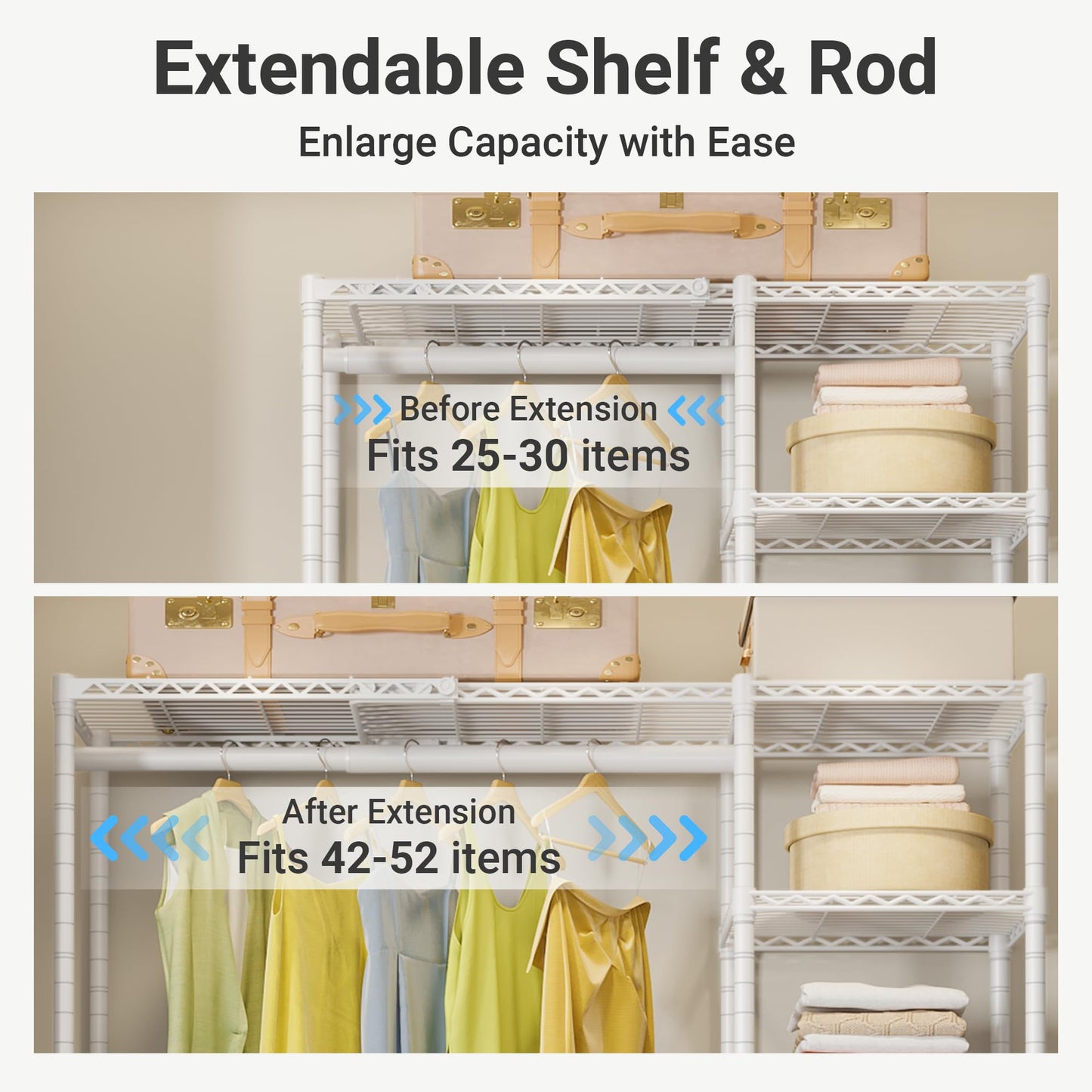 VIPEK X2 Expandable Reach-in Closet Racks Adjustable from 3'3" to 4'8" Portable Open Walk-in Closet Rack System with Flexible Shelves and Hanger Rods Clothing Rack for Hanging Clothes, White