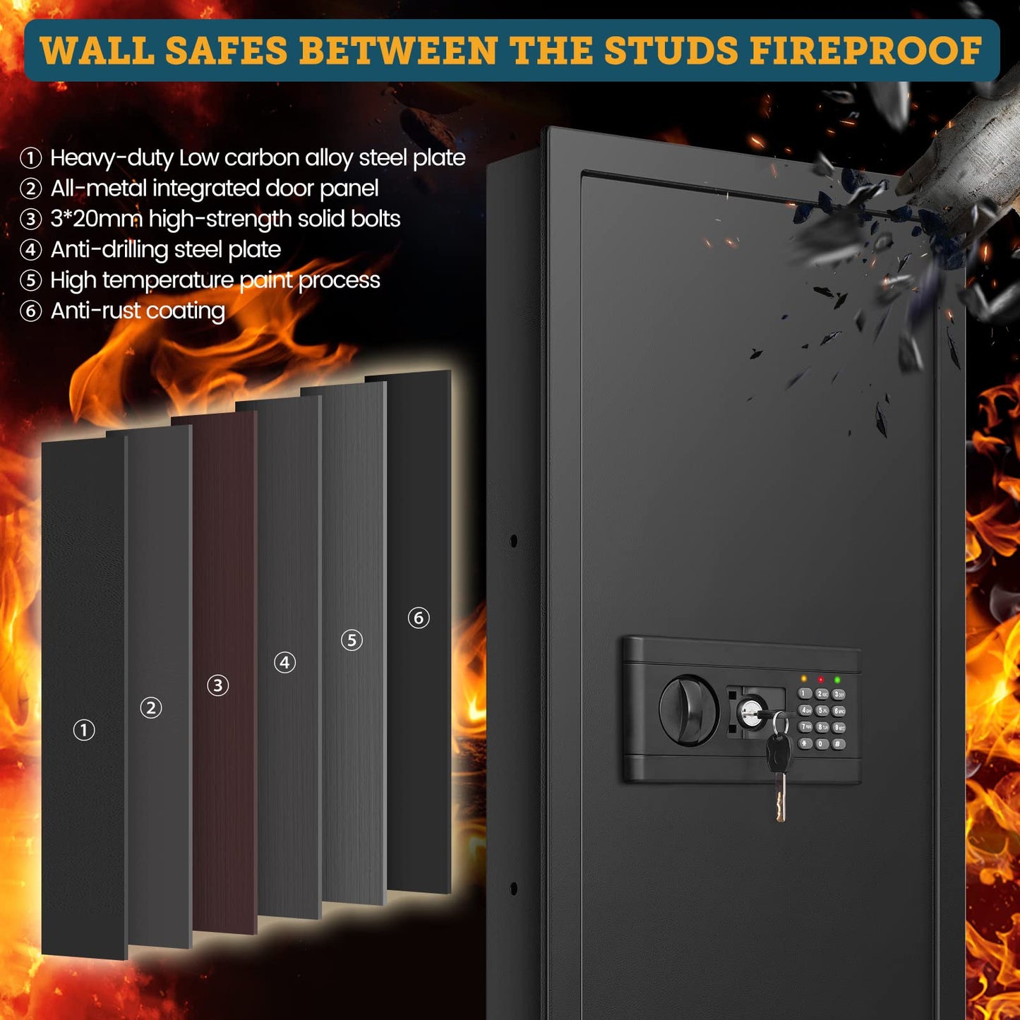 GHJGAGE 43.3'' Tall Fireproof Wall Safe Between Stud, Heavy Duty Flush In Wall Safe With Digital Keypad & Removable Shelf, Hidden Gun Safe, Security Home Wall Safes For Storage Firearms Money Medicine