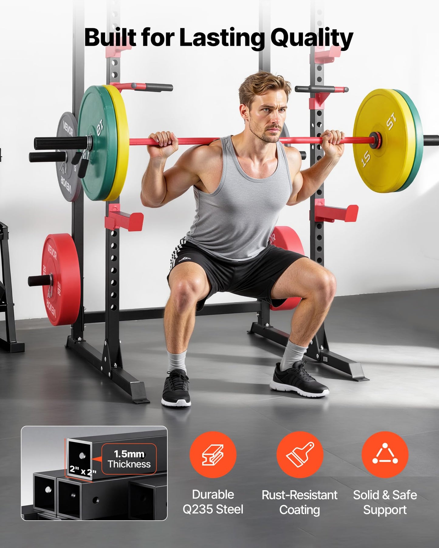 VEVOR Power Cage Power Rack, Multifunctional Barbell Squat Rack with Adjustable Height, Home Gym Strength Training Workout Equipment with J-Hooks & More Fitness Attachment for Bench Press Pull-Up Dips