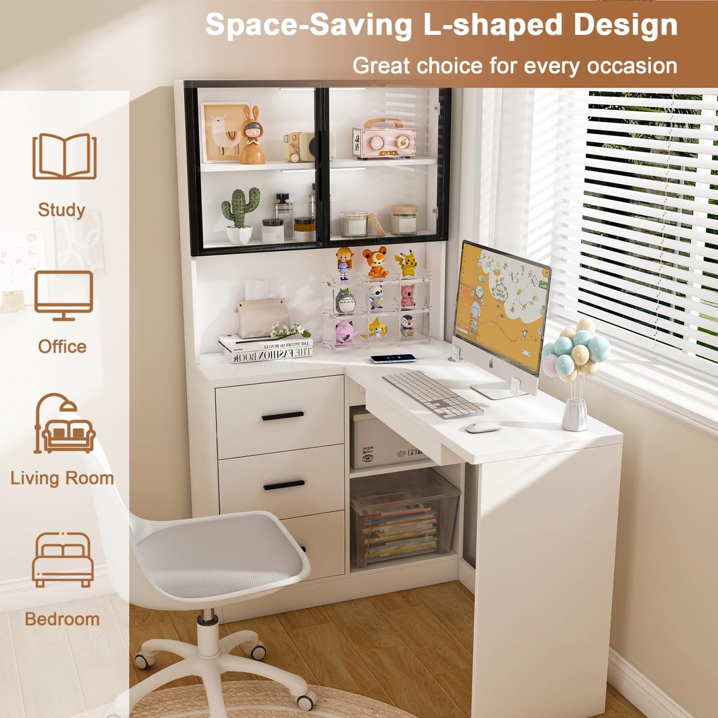 KEIKI L Shaped Home Office Desks with LED Light, Glass Storage Cabinets, USB Charging Ports, Keyboard Tray, Drawers, Modern Wooden Gaming Computer Corner Table for Work, Study, Writing