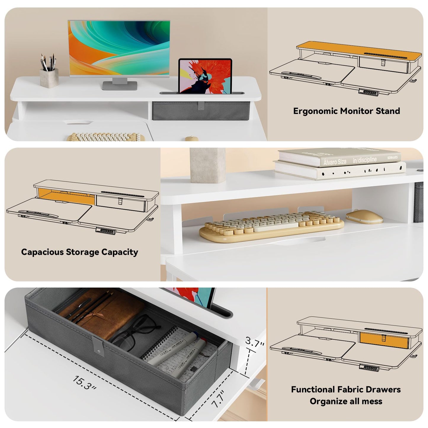 40 Inch Standing Desk, 60° Tiltable Electric Drafting Table Height Adjustable, Foldable Mobile Rising Desk with Drawer, Storage Shelf, Flippable Art Table on Wheels for Kids’ Drawing, White