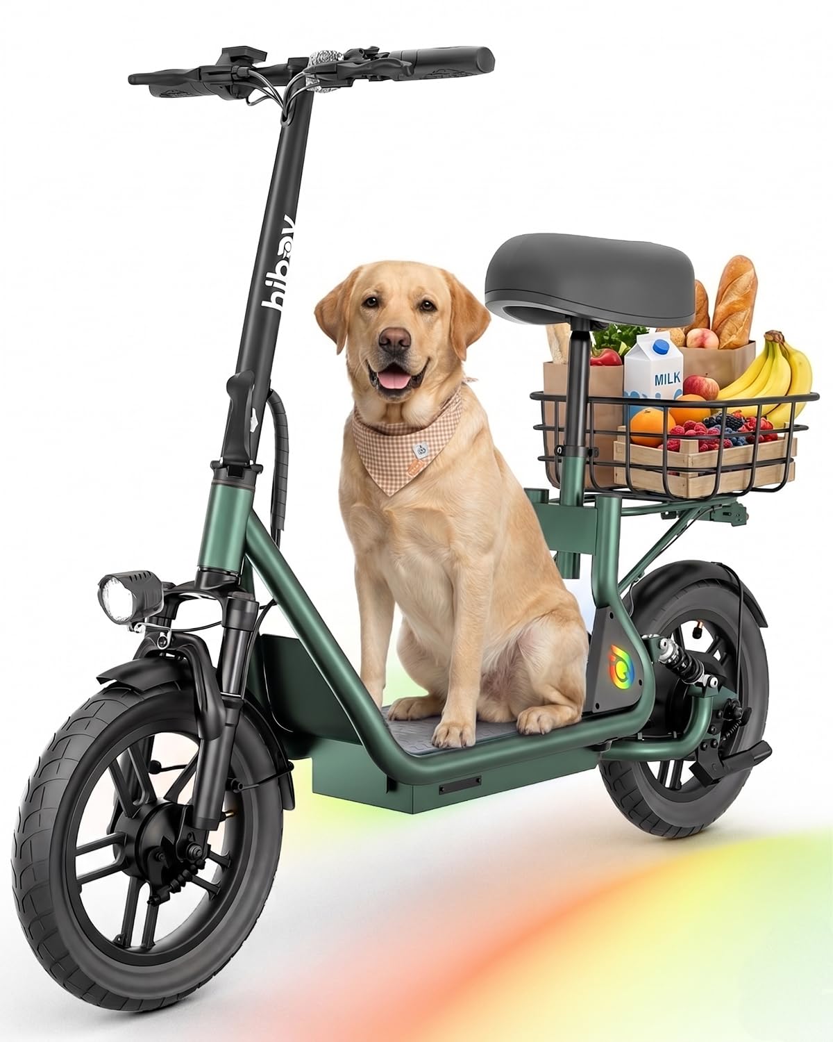 Hiboy Q2 Adult Electric Scooter with Seat – 500W Motor, 22mi Range, 14" Wheels, Dual Suspension, Neon Lights, Foldable for Commute, Green