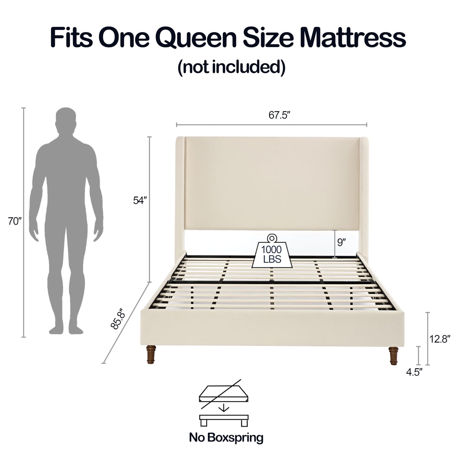 GDFStudio Tall Headboard Upholstered Bed,Queen Size Platform Bed Frame with Headboard Wingback,54" High No Box Spring Needed Easy Assembly Elegant Simplicity Ivory Boucle