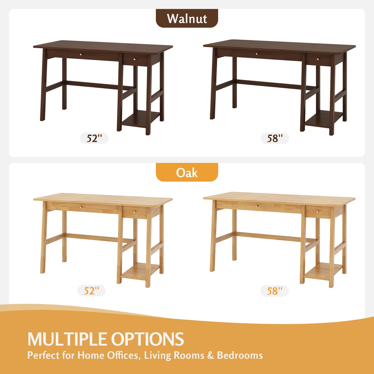 NELYE Solid Wood Desk with Drawer - 52 Inch Modern Writing and Computing Workstation for Home Office in Oak