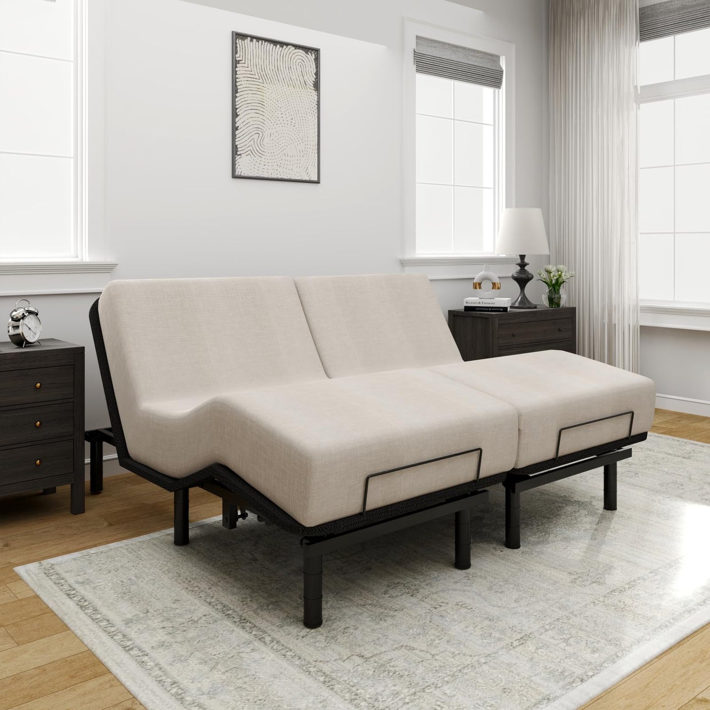 FLEXISPOT Split King Adjustable Bed Frame Base,Segmented Design,Easy Assemble, Oxford Fabric Bedspread,Wired Remote,Whisper Quiet Durable Motor,Mattress Holder, No Box Spring.