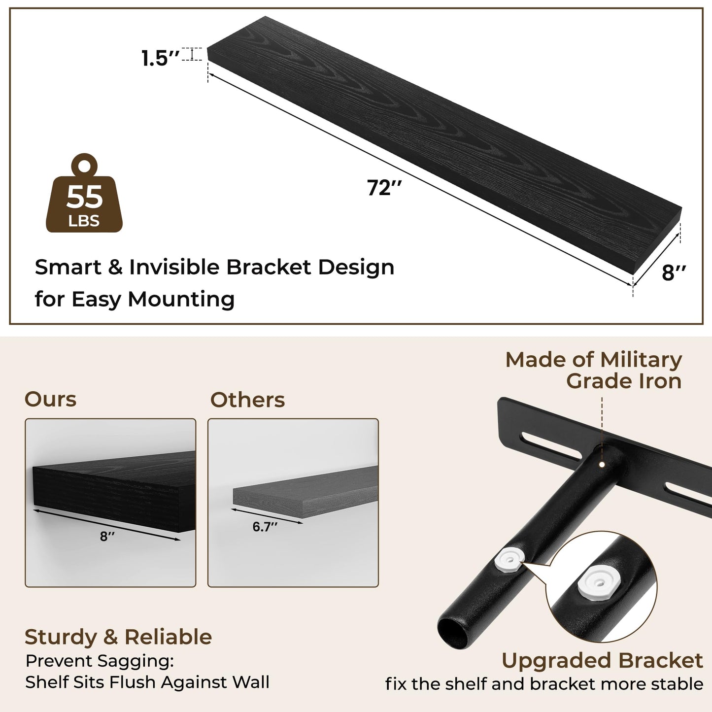 RICHFOCUS 72Inch Floating Shelves for Wall 2 Pack Shelves for Bedroom|Kitchen|Bathroom Wall Mounted Rustic Wood Floating Shelf with Invisible Brackets for Books|Storage|Decor, Black