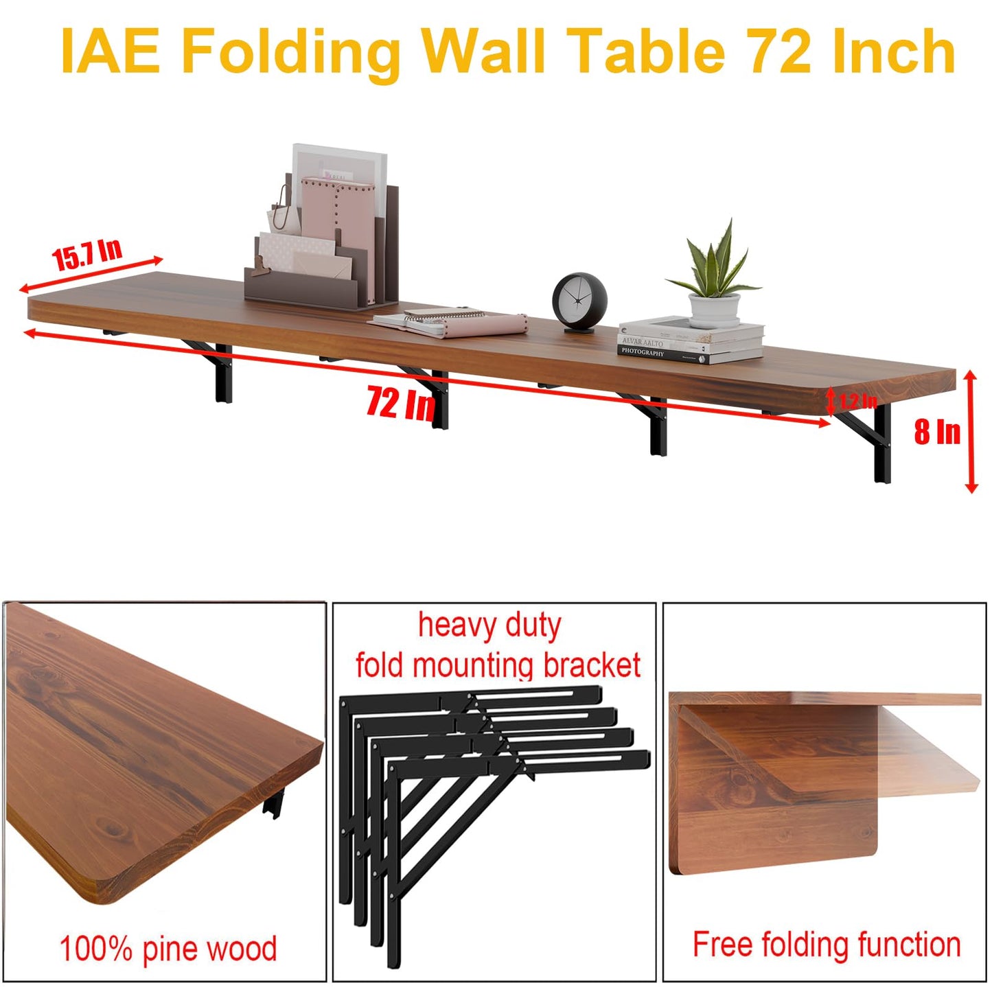 IAE Wall Mounted Folding Table with Pine Wood,72" x 16" Floating Wall Desk,Laundry Folding Table with Shelf Brackets,Fold Down Desk Shelf,Fold Workbench for Apartments,Home,Laundry Room,Kitchen,Teak