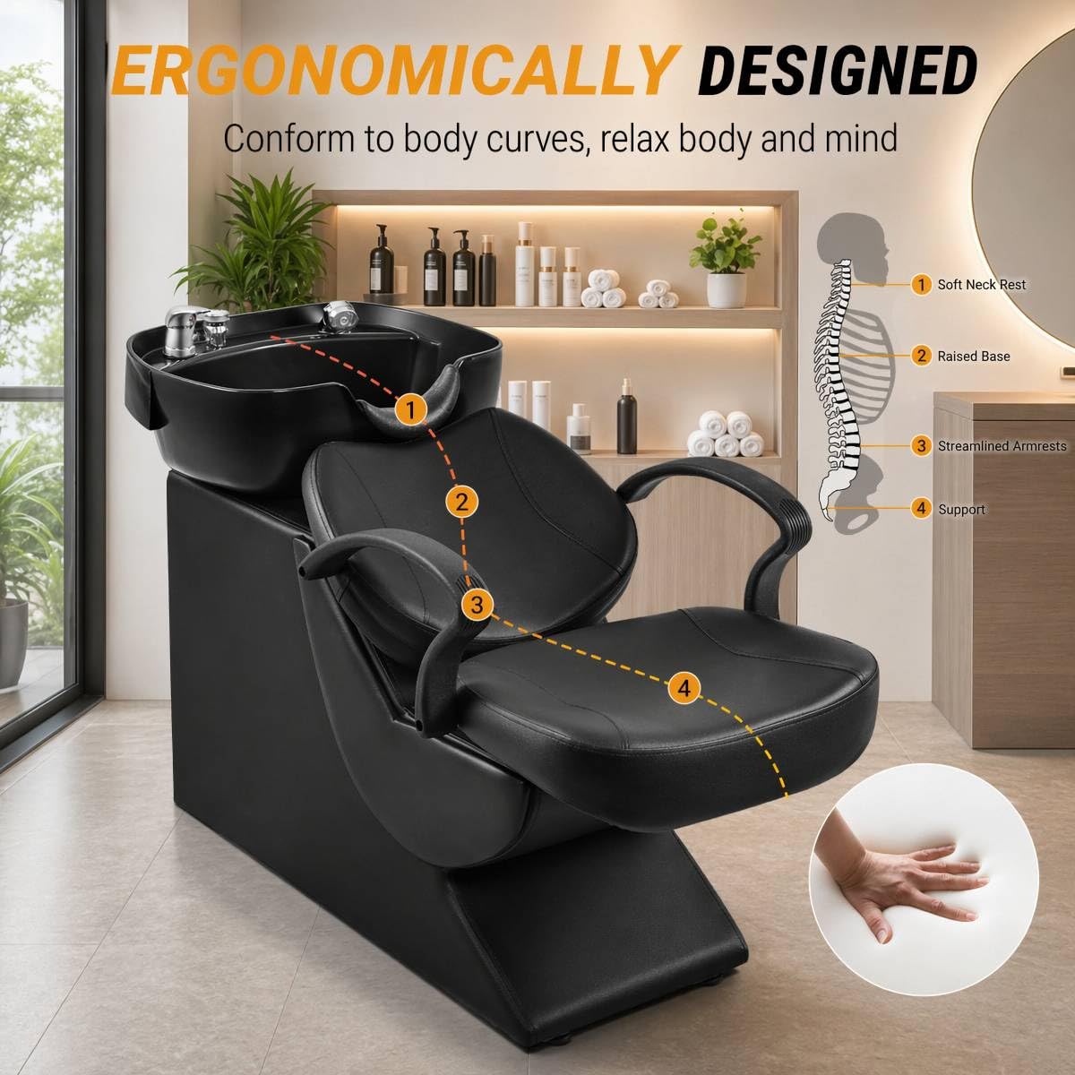 New Backwash Barber Chair ABS Plastic Shampoo Bowl Sink Unit Station Spa Salon Equipment,Black