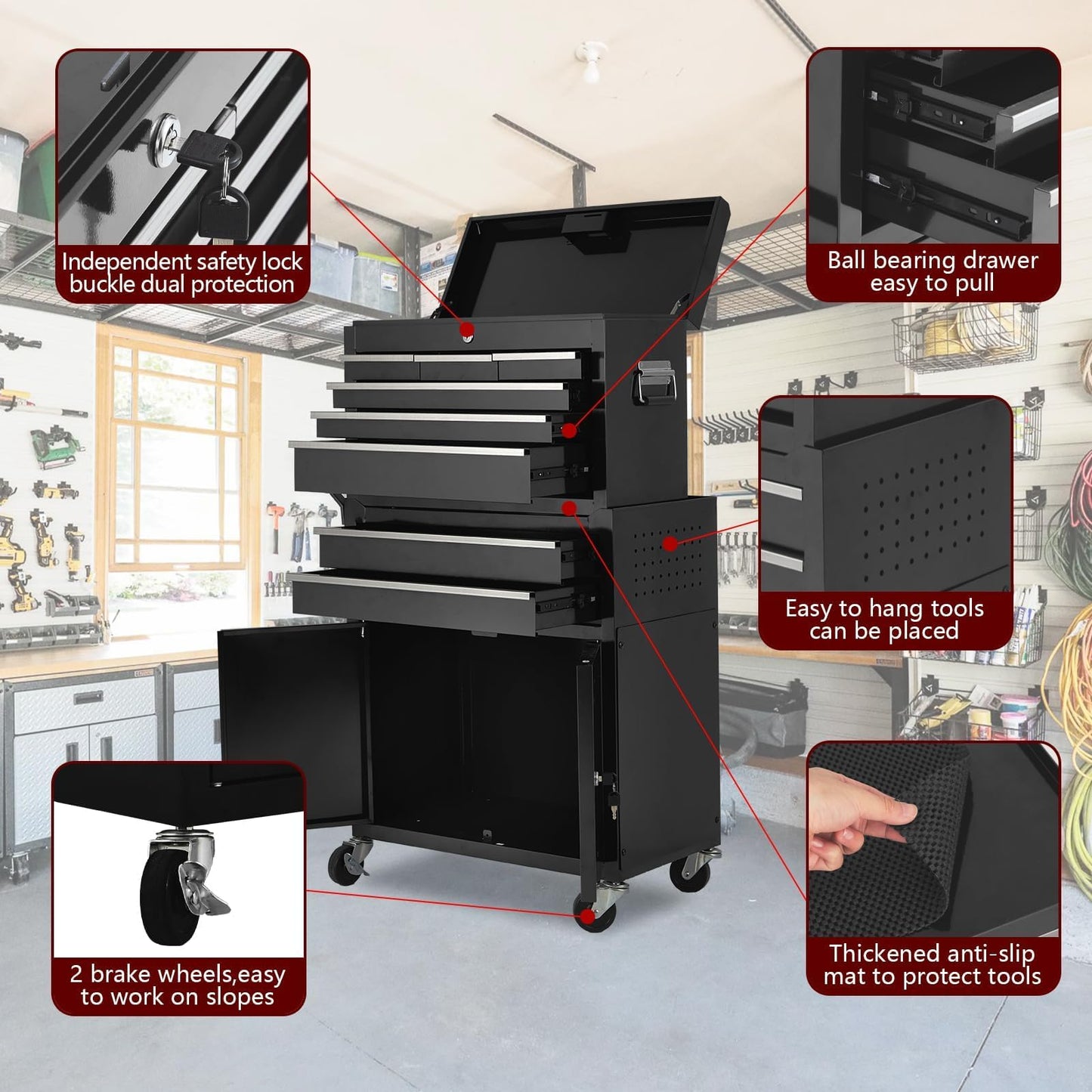 8-Drawer Rolling Tool Chest, 2-in-1 Detachable Top Tool Cabinet with Removable High Capacity Storage, Sliding Drawers, Wheels, Locking System & Liners for Workshop, Mechanics, Garage and Warehouse Use