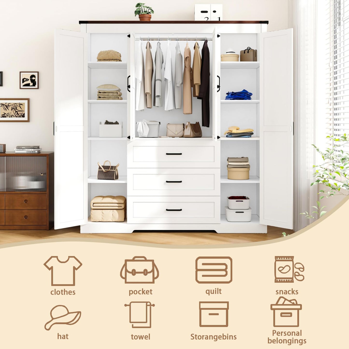 CayugaCrekrd 70" Tall Armoire Wardrobe Closet with 4 Doors & 3 Drawers, Farmhouse Bedroom Storage Cabinet with Hanging Rod, Freestanding Wooden Armoire Wardrobe Closet, White