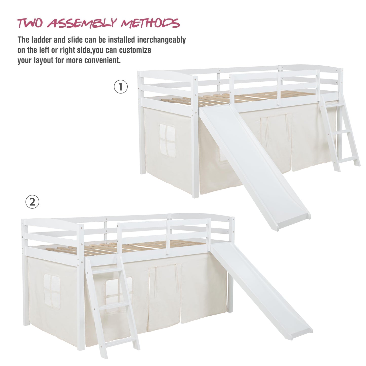 Spirich Kids Loft Bed with Slide and Ladder, Solid Wood Twin Loft Bed Frames with Curtains, Low Loft Bed with Bed Tent, No Box Spring Needed, White