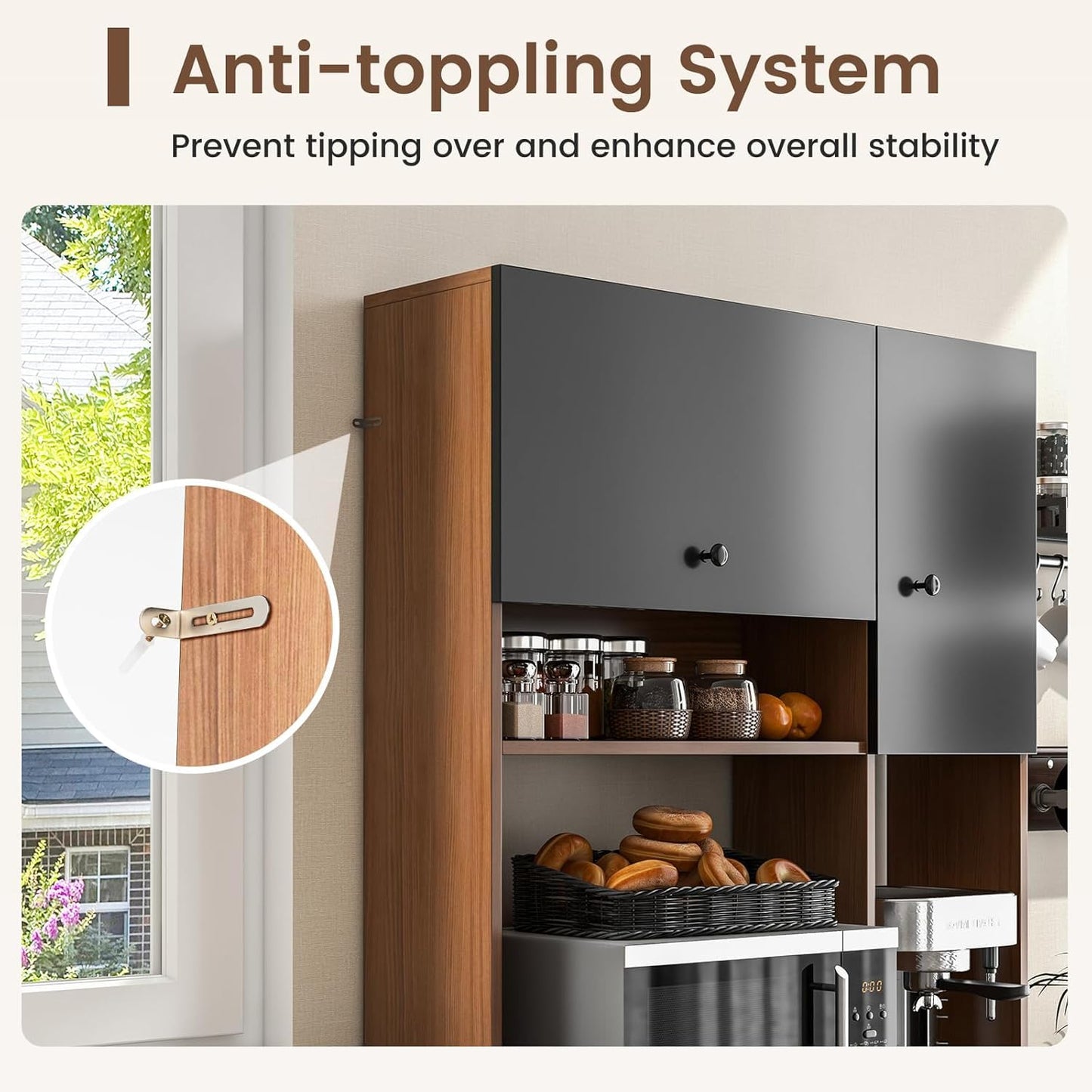 Nightcore Kitchen Pantry Storage Cabinet, 71" Freestanding Pantry with 3 Deep Drawers, Adjustable Shelves, Kitchen Hutch with Microwave Countertop for Dining Room, Living Room (Walnut & Black)