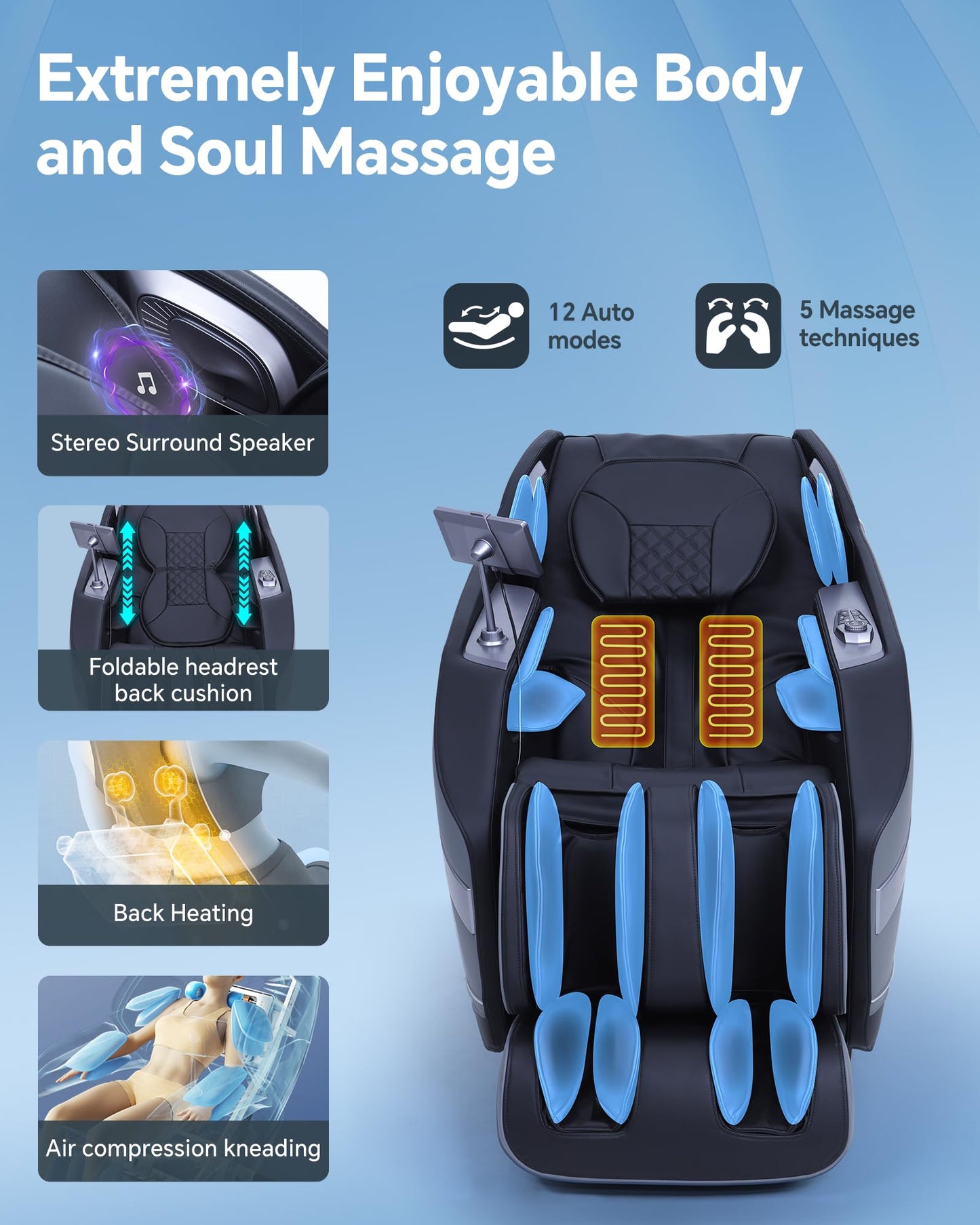 UIIU Massage Chair Full Body Zero Gravity, 3D ‌SL-Track Shiatsu Massage with Unique Rocking Sleep Mode, Upgraded Calf & Knee Massage (+11cm) for Tall People, Wireless Charging &Touch Screen,Black