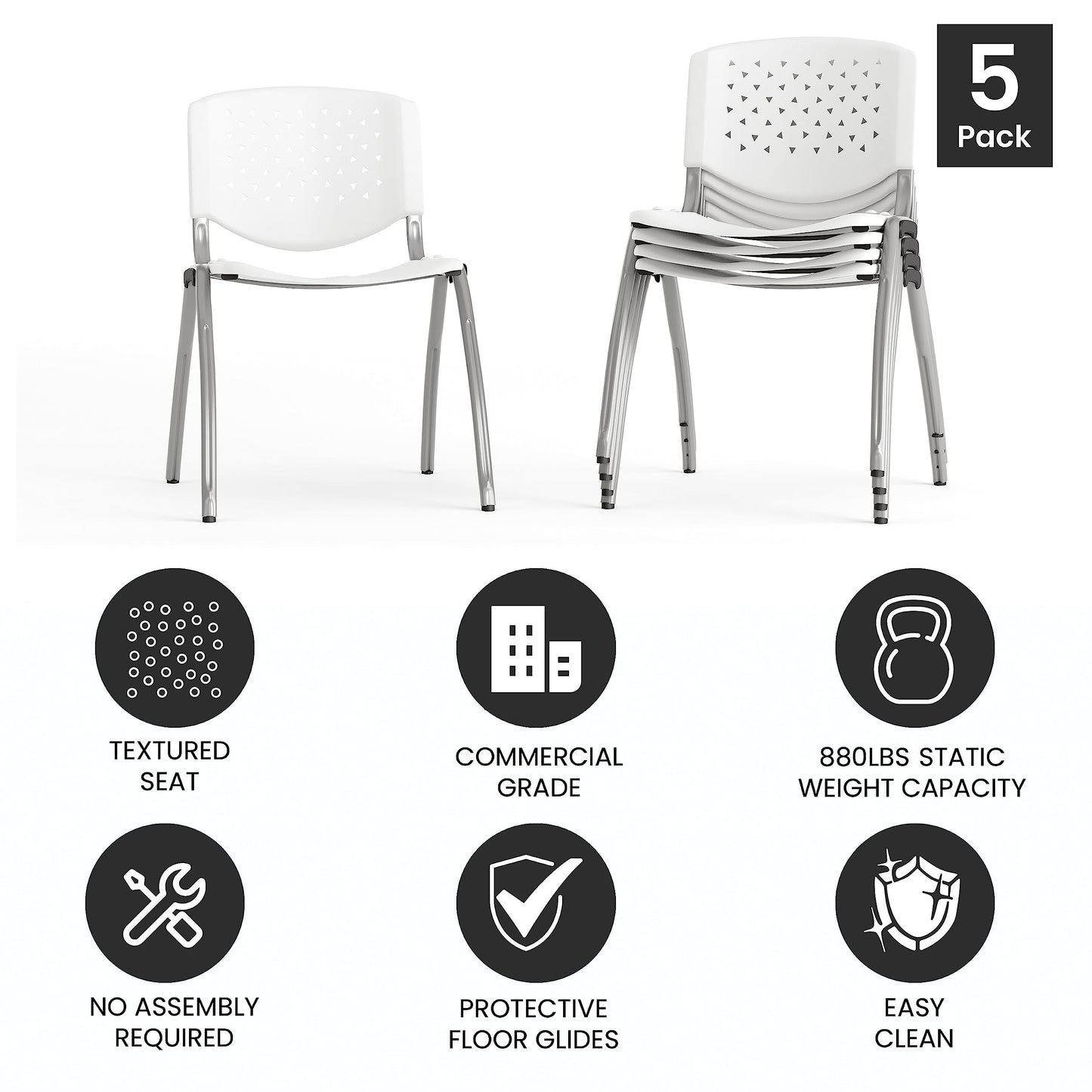 Flash Furniture HERCULES -5 Pack 880 lb. Capacity White Plastic Stack Chair | Comfortable Seating with Durable Design
