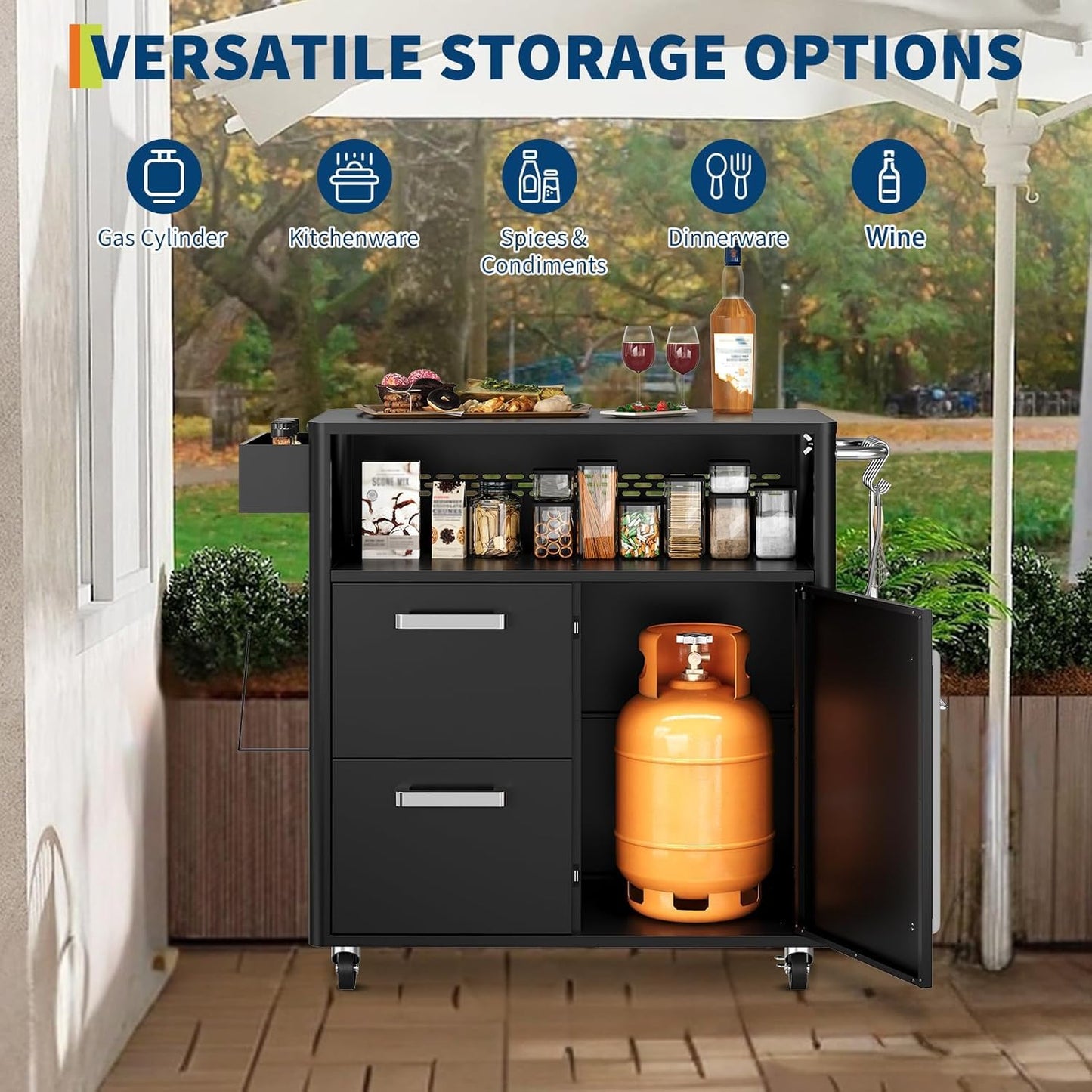 Mobile Outdoor Kitchen Cart - Premium Stainless Steel Prep Table with Single Door & Dual Drawers - Rolling BBQ Station w/ 2 Locking Wheels for Grilling & Serving