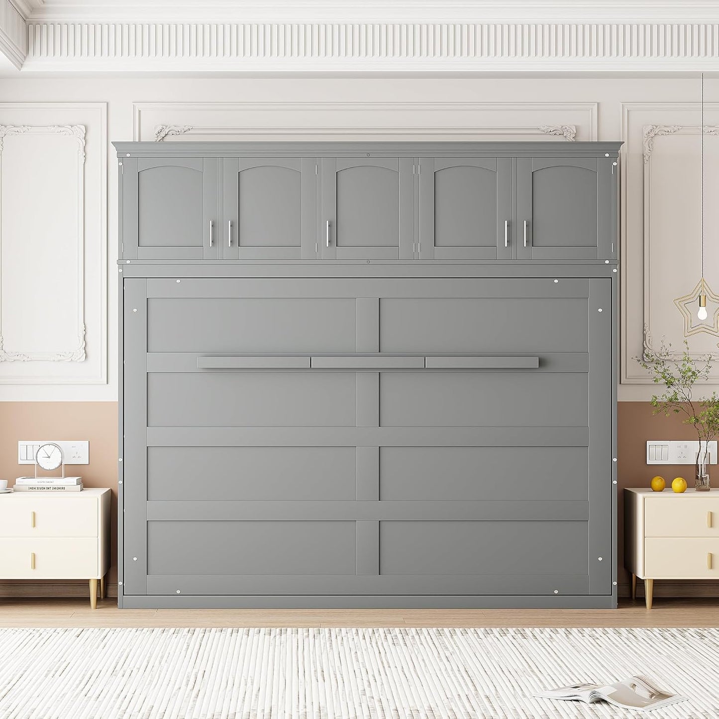 MERITLINE Queen Horizontal Murphy Bed with Storage Cabinet,Wood Grey Murphy Wall Bed Queen Folding Adult Murphy Bed Queen Size