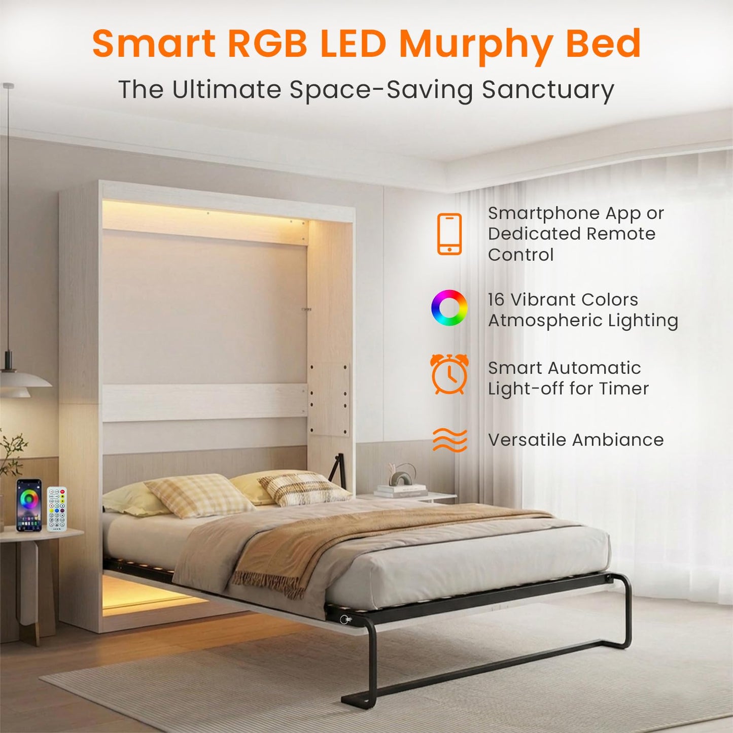 CECER Queen Size Wall Murphy Bed with LED Lights，Queen Murphy Cabinet Beds with Gas Struts，Space-Saving Wall Beds Cabinet Bed for Guest Room/Bedroom-White