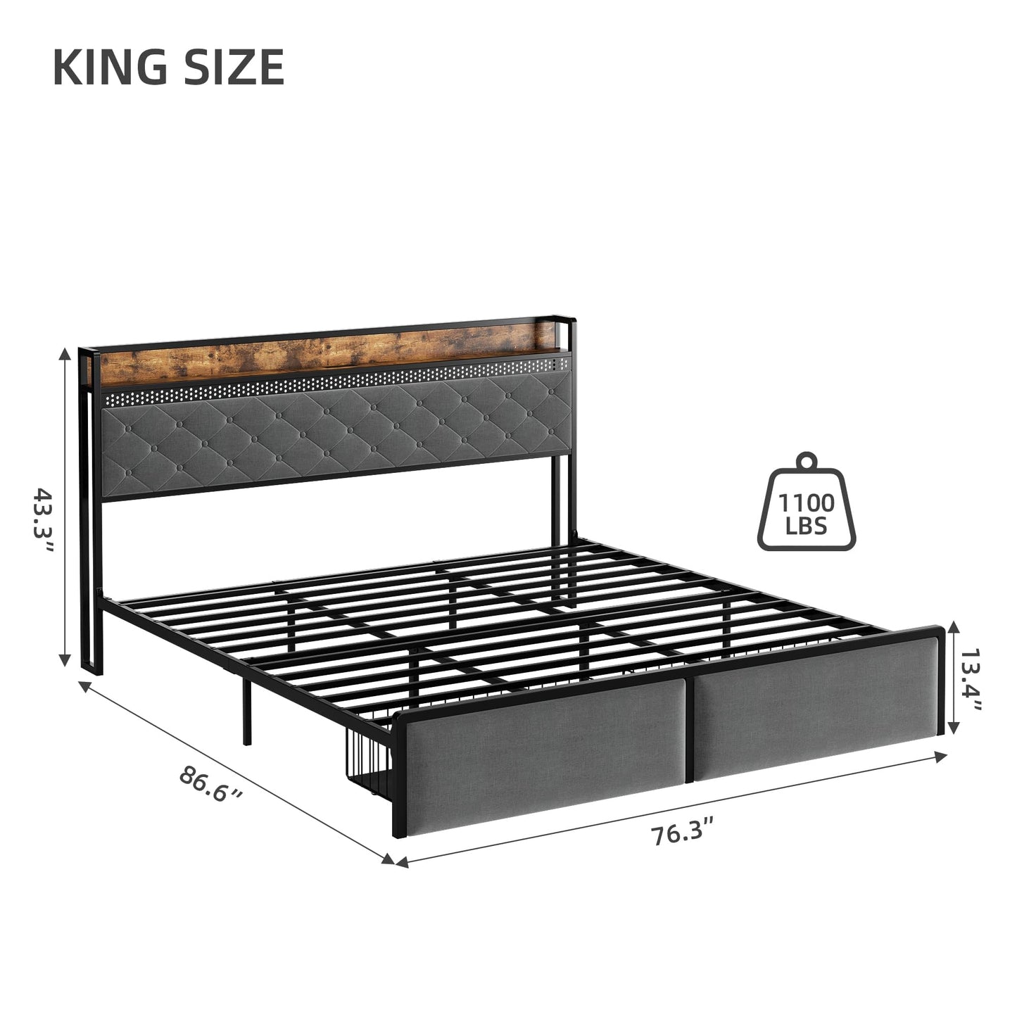 GarveeHome King Bed Frame with 2 Storage Drawers, LED Bed Frame with 2-Tier Storage Headboard&Charging Station, Metal Platform Bed Frame, No Box Spring Needed, Noise Free, Grey
