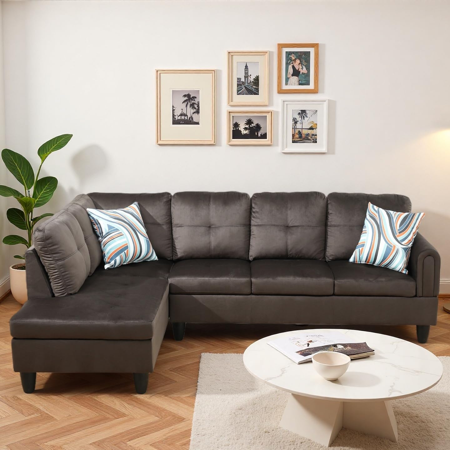 Trygoal Modern L-Shaped Sectional Sofa with Chaise Lounge, 4-Seater Flannel Couch with High-Density Foam Cushions, for Living Room, Apartment, Studio, Easy Assembly, Dark Brown