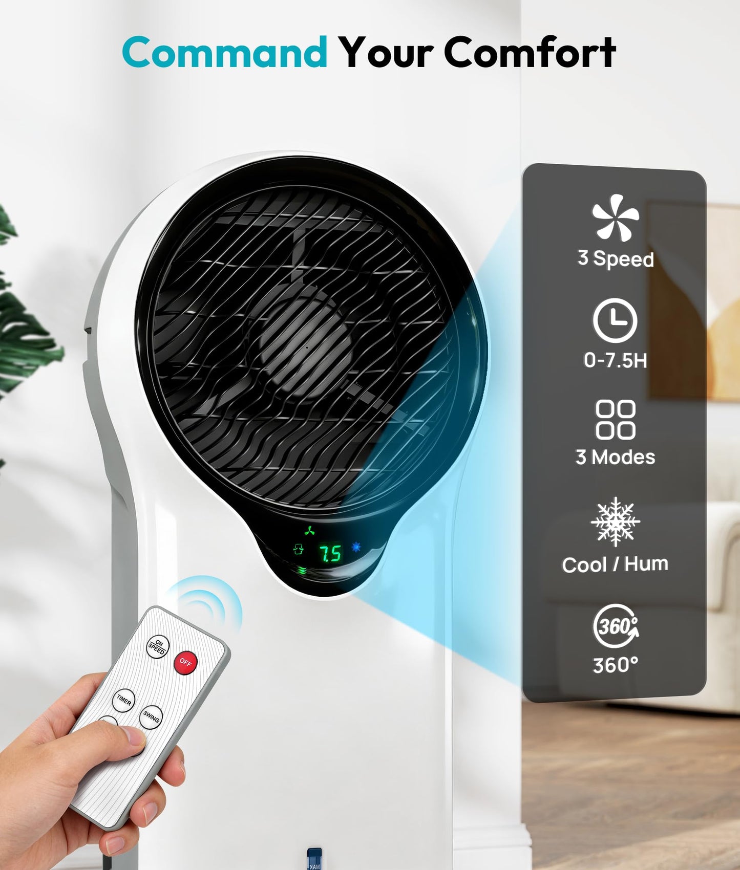 Rellytech 3-in-1 Evaporative Air Cooler, 35’’ Protable Swamp Cooler Indoor with 3 Modes&3 Speeds, 5.5L Water Tank Cold Air Cooler, Air Cooler for Room, Office with Oscillation, 2 Ice Packs