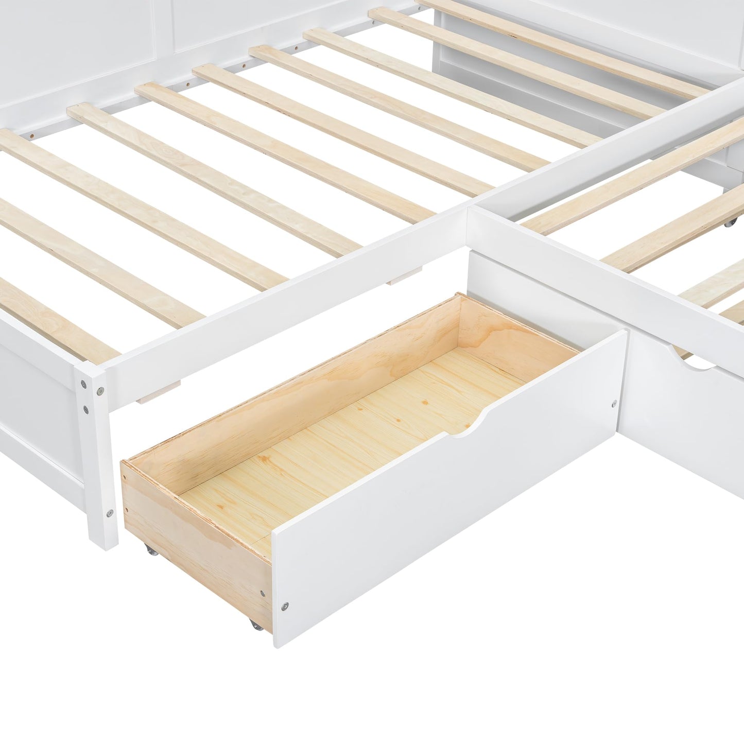 Merax L-Shaped Twin Bed for 2 with Trundle for 3, Wood Corner Platform Bed Frame with 1 Drawer & 5 Storage Shelves & Charging Station for Bedroom Guest Room, No Spring Box Needed (White)
