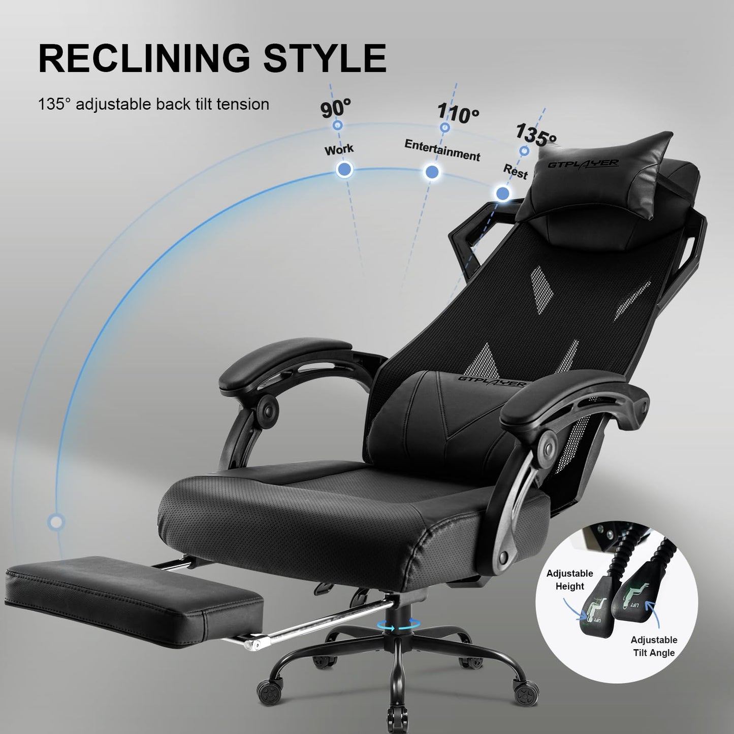 GTPLAYER Gaming Chair, Computer Chair with Mesh Back, Ergonomic Gaming Chair with Footrest, Reclining Gamer Chair with Adjustable Headrest and Lumbar Support for Gaming and Office (Black)