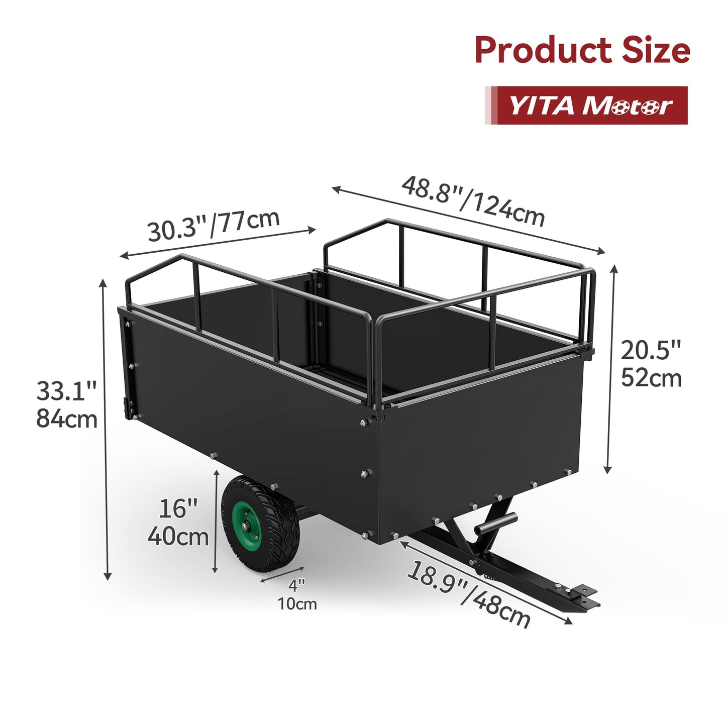 YITAMOTOR ATV Dump Trailer, Heavy Duty Tow Behind Dump Cart, Capacity 750lbs, 17.5 Cu.Ft. Yard Garden Trailer for Pull Behind Lawn Mower Trailer Tractor, Alloy Steel Shelf & Extra 5" Height Guardrail