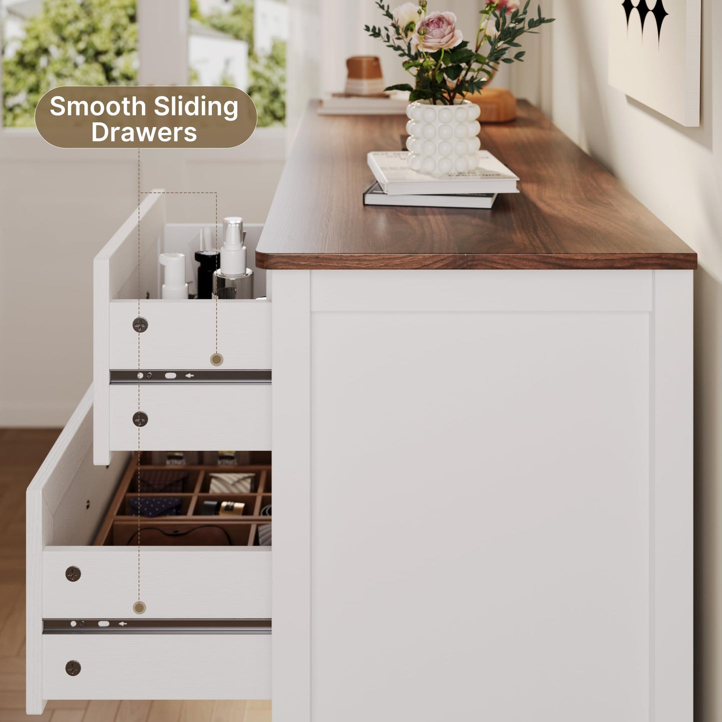 Gizoon Farmhouse 7 Drawers Dresser, White Chest of Drawers with Metal Handles, 47" Wide Wooden Storage Organizer for Bedroom, Hallway, Living Room, Tabletop-Retro
