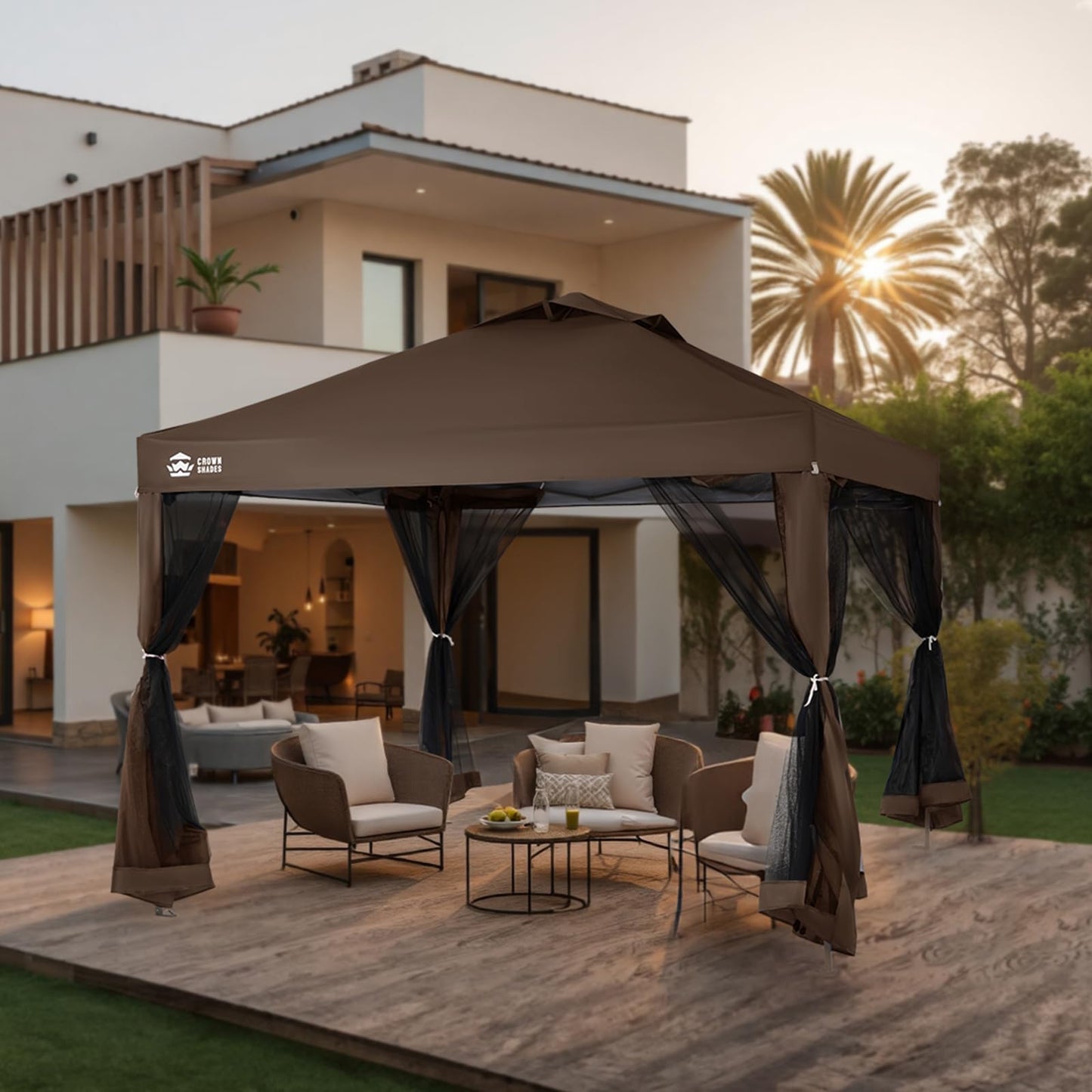 CROWN SHADES Gazebo 10x10 Pop Up Canopy with Mosquito Netting, Screen Tent with 4 Ropes, 8 Stakes, 4 Sandbags and Wheeled Storage Bag, Canopy for Patio & Backyard Parties,Camping&Events -(Coffee)