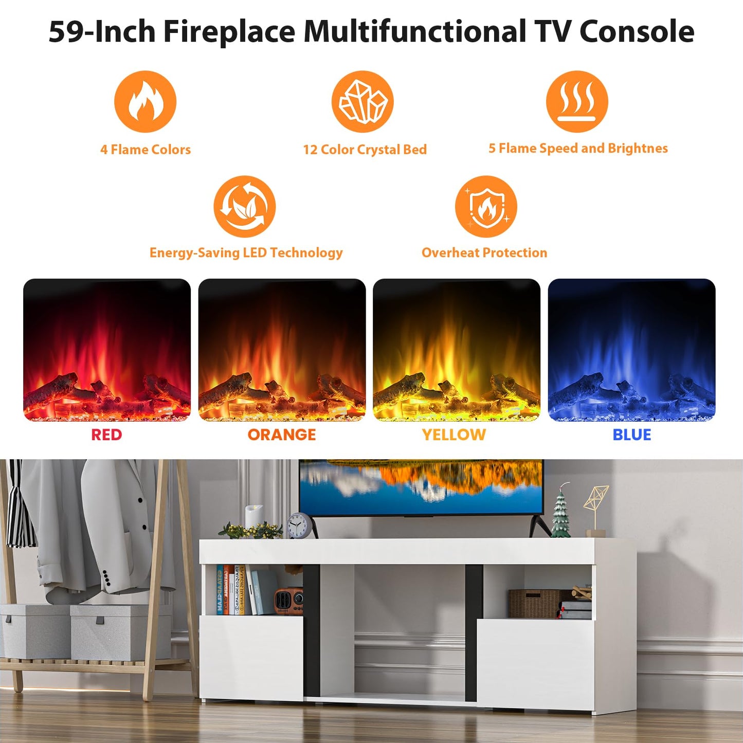 Electactic 59" Electric Fireplace TV Stand with Mantel, Storage Cabinet, Remote Control for LED Flame & Heater, for Living Room & Bedroom White