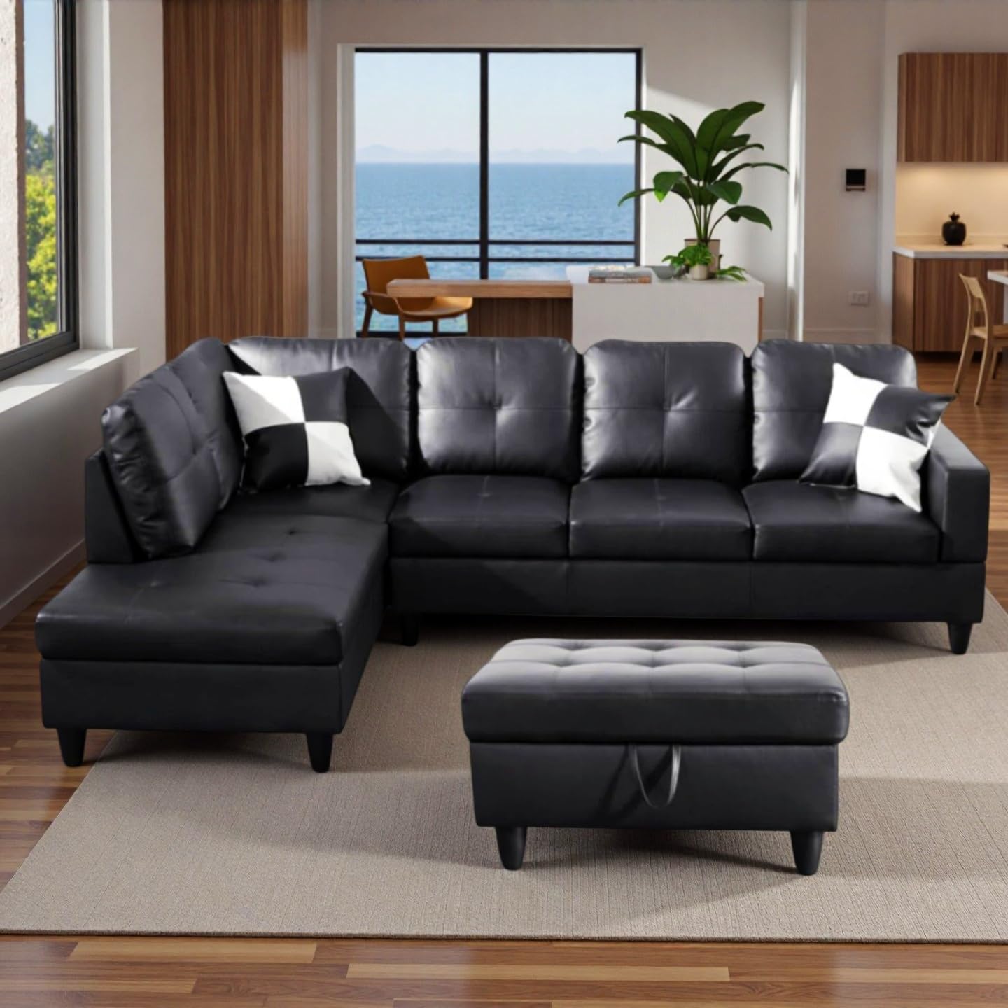 Trygoal 103.5" Sectional Couches for Living Room, Leather 4 Seat L Shaped Couch with Chaise, 3-Piece Modular Sofa with Storage Ottoman, Home Furniture Sets for Apartment Office, White and Black