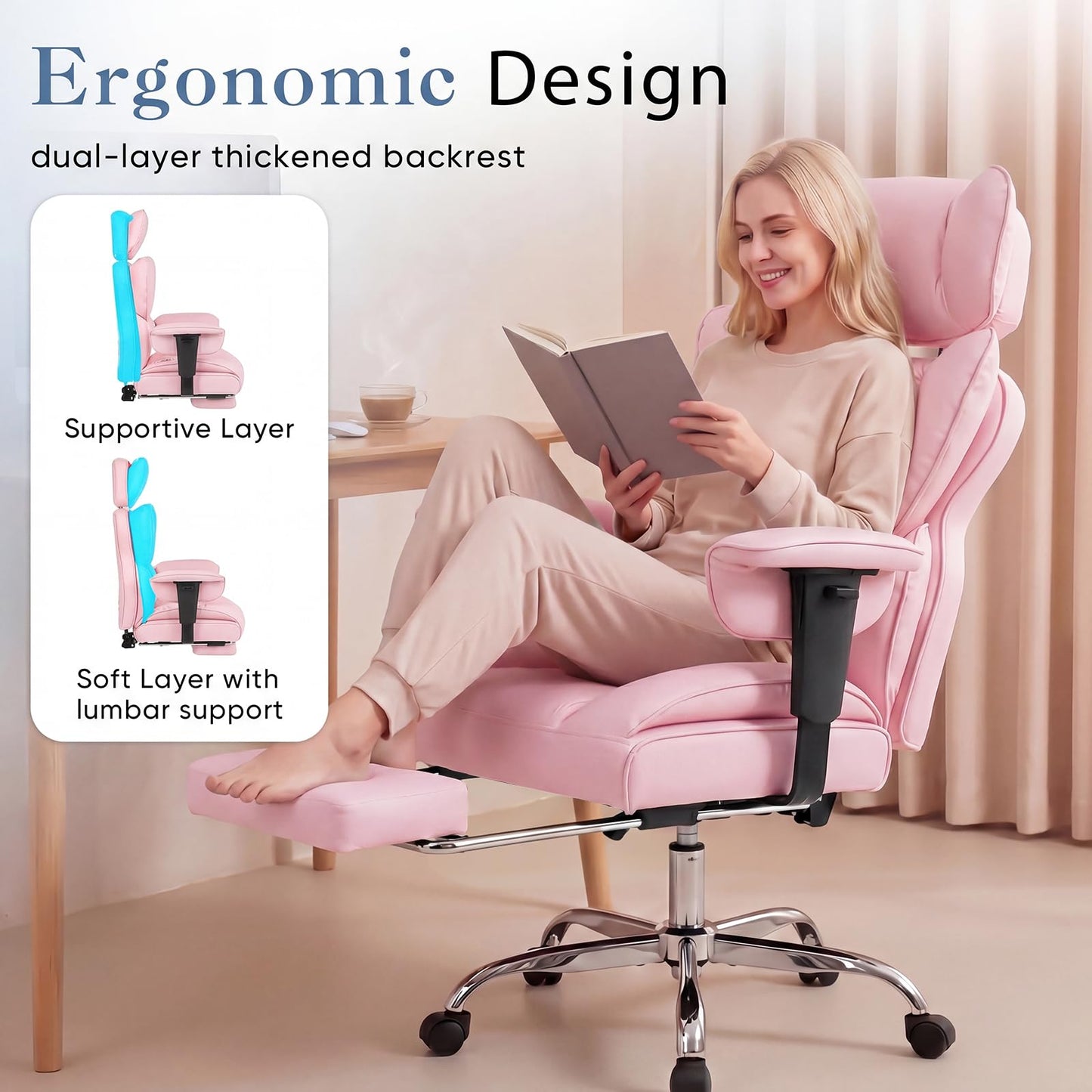 DUMOS Big and Tall Home Office Desk Chair, Gaming Computer Chair, Executive Ergonomic Chair with Footrest, High Back Reclining, Adjustable Armrests and Comfy Lumbar Support, PU Leather, Pink