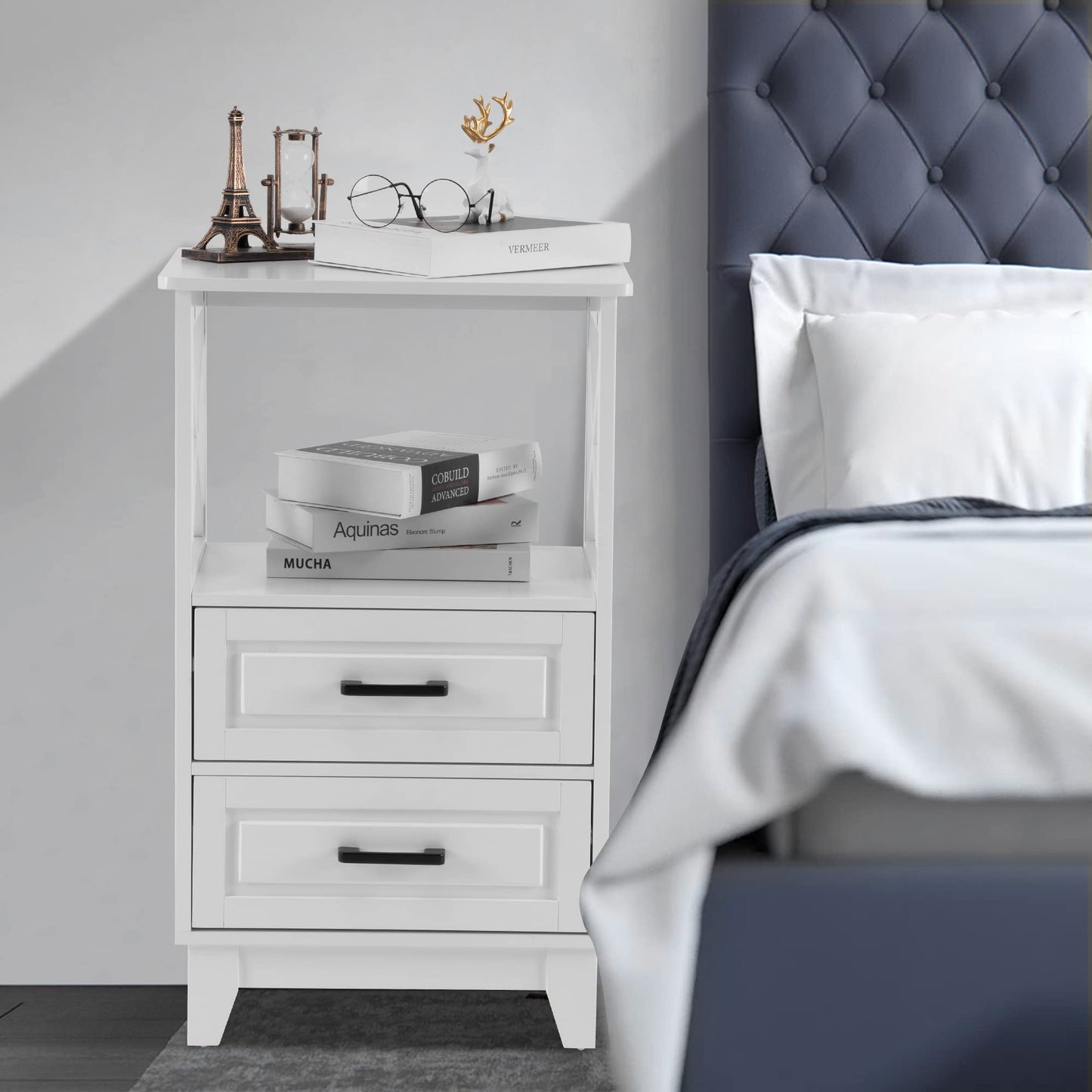 White Nightstand with 2 Storage Drawers Cabinet, Tall End Table with Wooden X-Design for Bedroom,Living Room, White