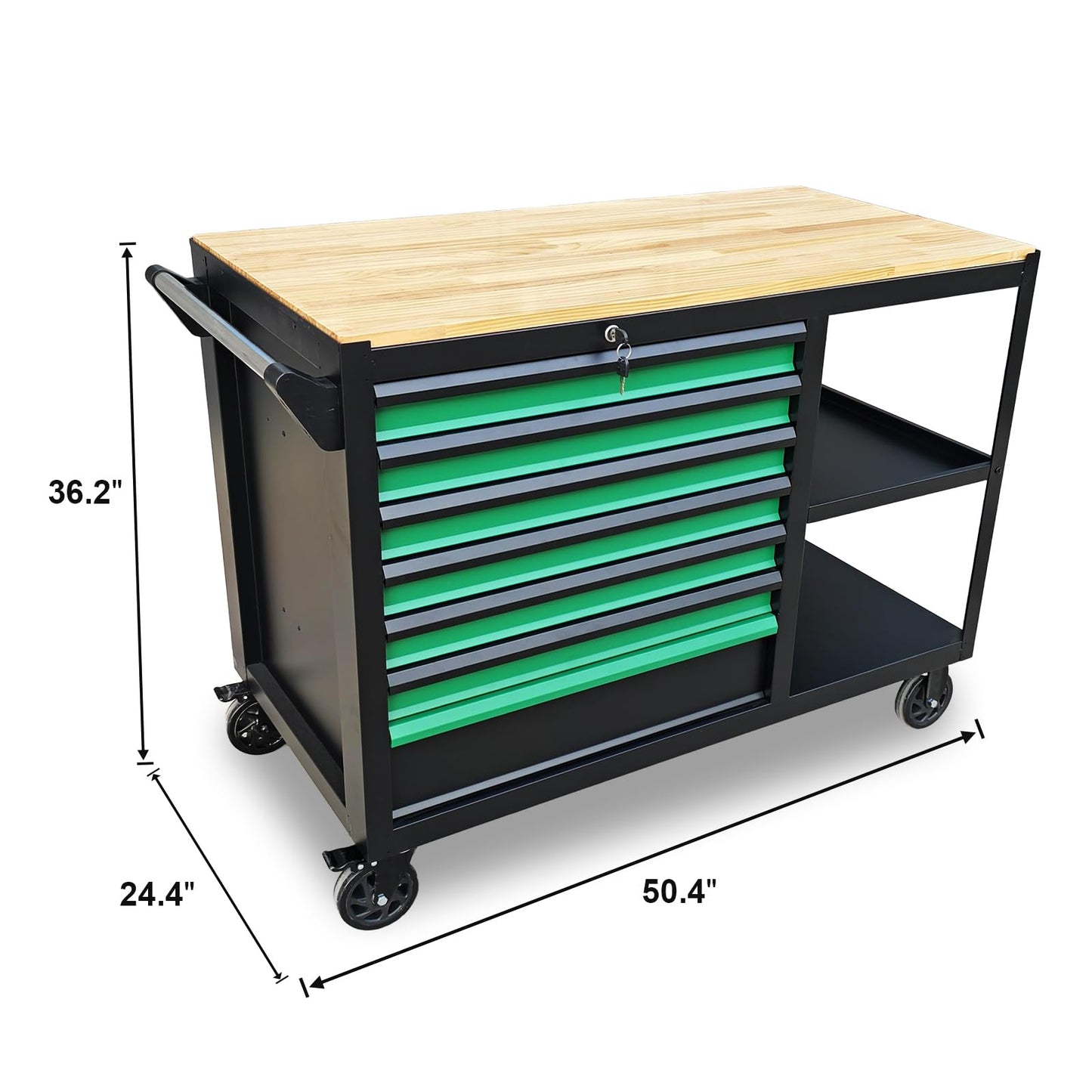 StrideoooTrek Tool Cabinet with 7 Storage Drawers, Wood Top Workbench, Brake Caster,Lockable Drawer,Black Metal Frame Tool Chest with Double Shelves for Garage, Workshop, or Outdoor Use(7 Drawers)
