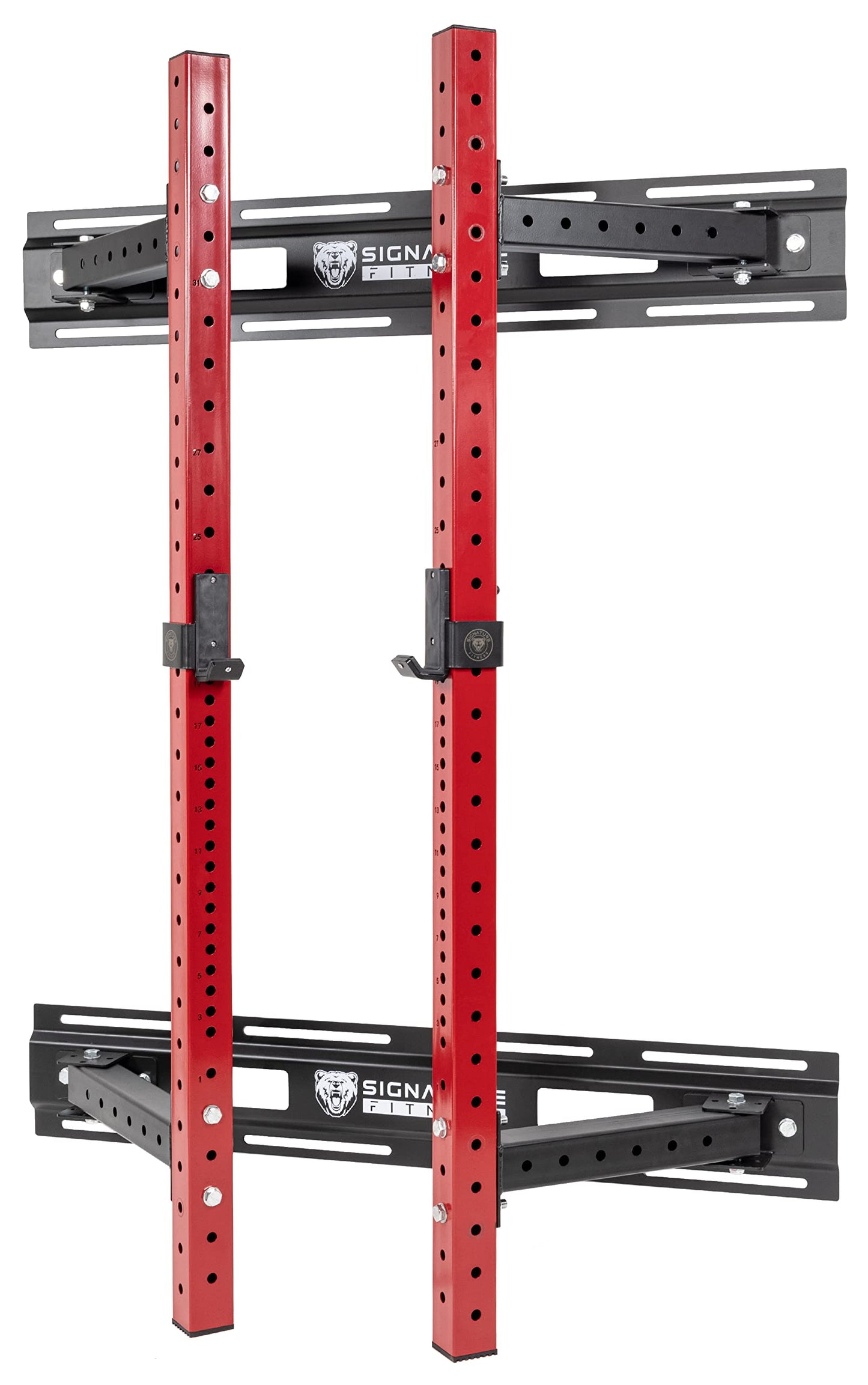 Signature Fitness Fitvids 3” x 3” Wall Mounted Fold-in Power Cage Squat Rack with Adjustable Pull Up Bar and J Hooks - Space-Saving Home Gym – Sports Training – Wall Mount Rack – Black