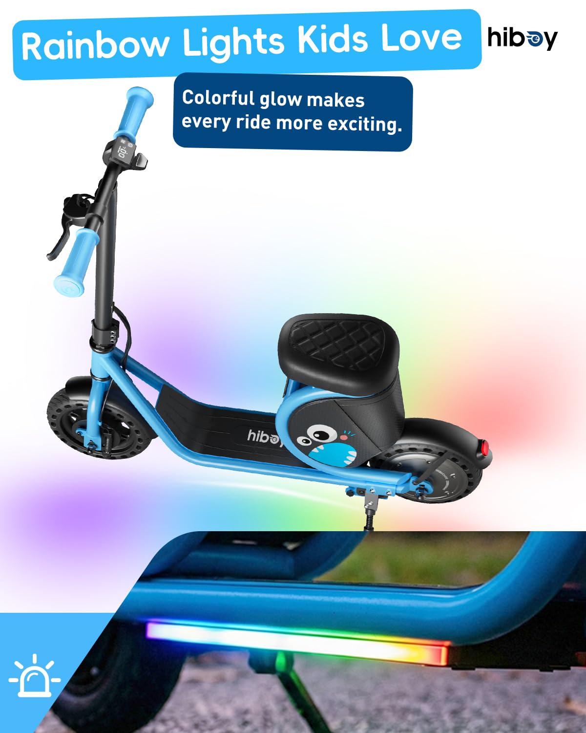 Hiboy JoyHaul Electric Scooter for Kids, Ages 4-10 – LED Neon Lights, 100W Brushless Motor, 56.16Wh Battery, Under-Seat Storage & Safety Brake, Blue