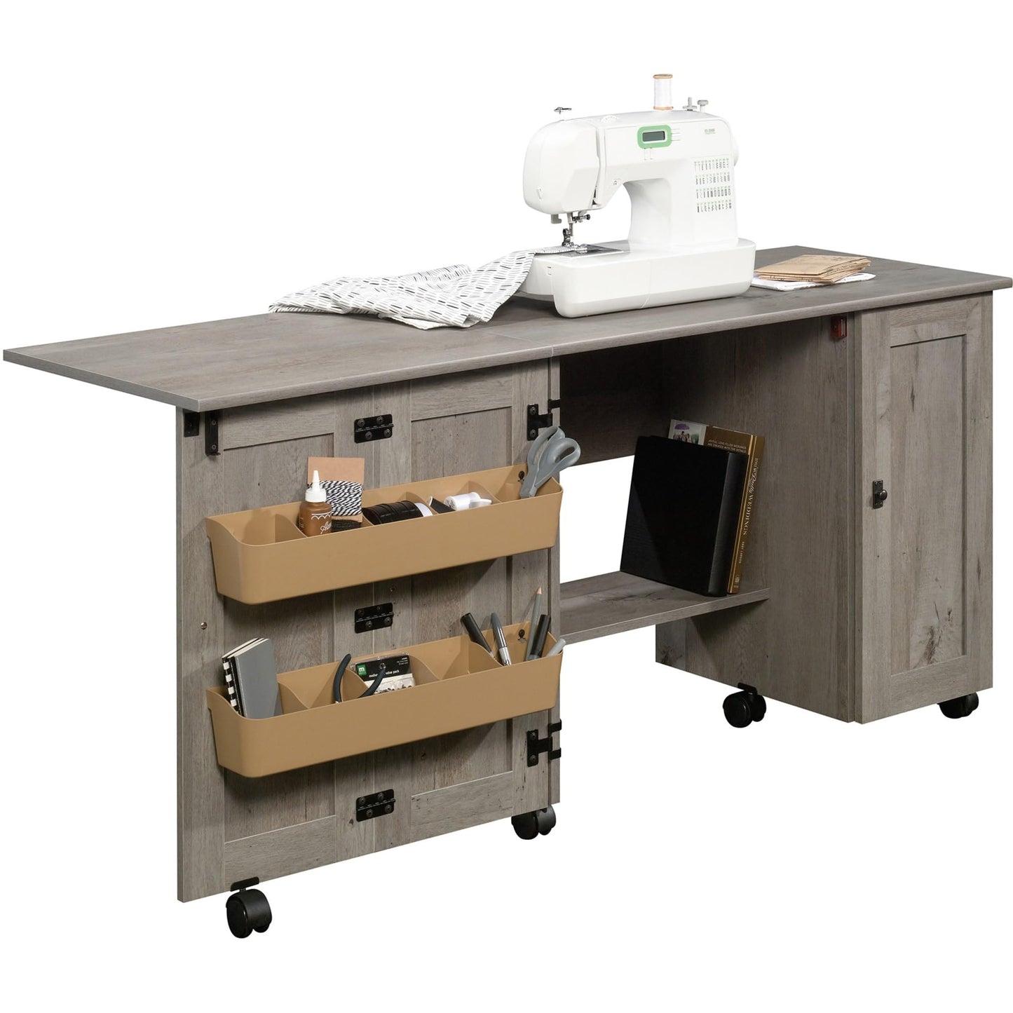 Sauder Craft Cart Storage Cabinet, Rolling Sewing Table with Expandable Top, Mystic Oak