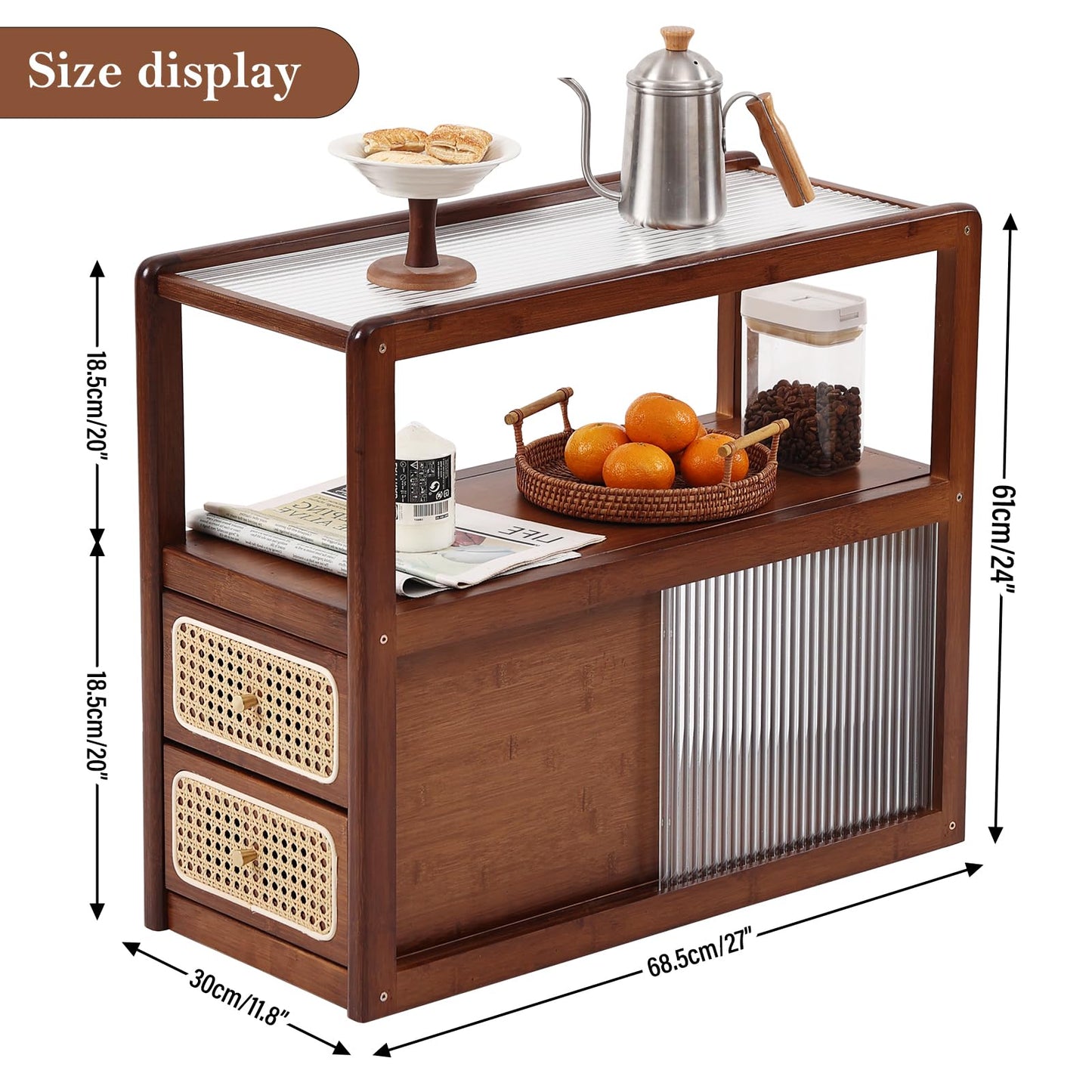 Tiita Rattan Nightstand Side Table, Bamboo Accent Bedside Tables, Glass Coffee Tables, Boho Wooden End Table with Storage for Small Space, Living Room and Bedroom