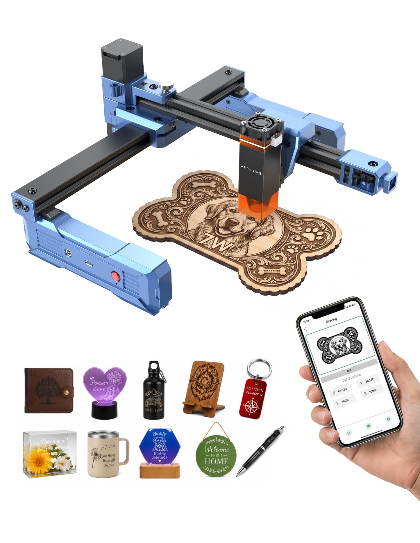 Artilume Laser Engraver 7000mW with APP Control Foldable and Portable Laser Engraver and Cutter Machine 200x150mm Larger Engraving Area for Wood Leather Acrylic, T1