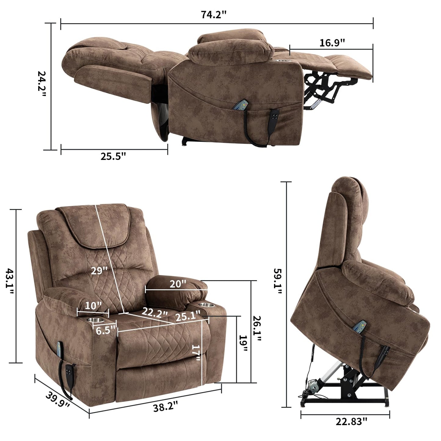 ERYE Oversized Electric Power Lift Recliner Chair for Elderly W/Massage & Heat, 2 Remote Controllers Infinite Positions Faux Leather Upholstered Recliner Armchair W/Cupholders
