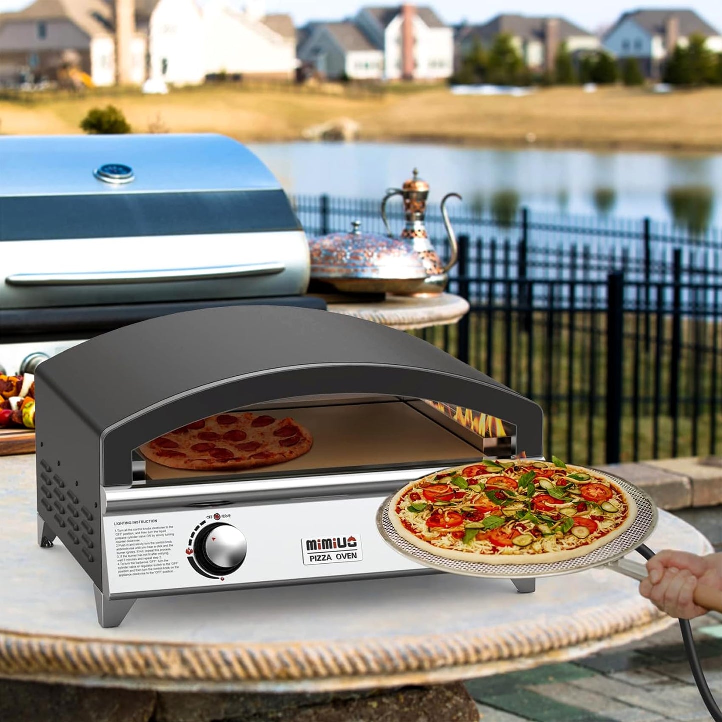 Mimiuo 25 Inch Outdoor Gas Pizza Oven, Portable Propane Pizza Oven with Large Baking Stone - Make 2 Pizzas At Once - Multifunctional Stainless Steel Grilling Stove to Cook Steak Meat Seafood
