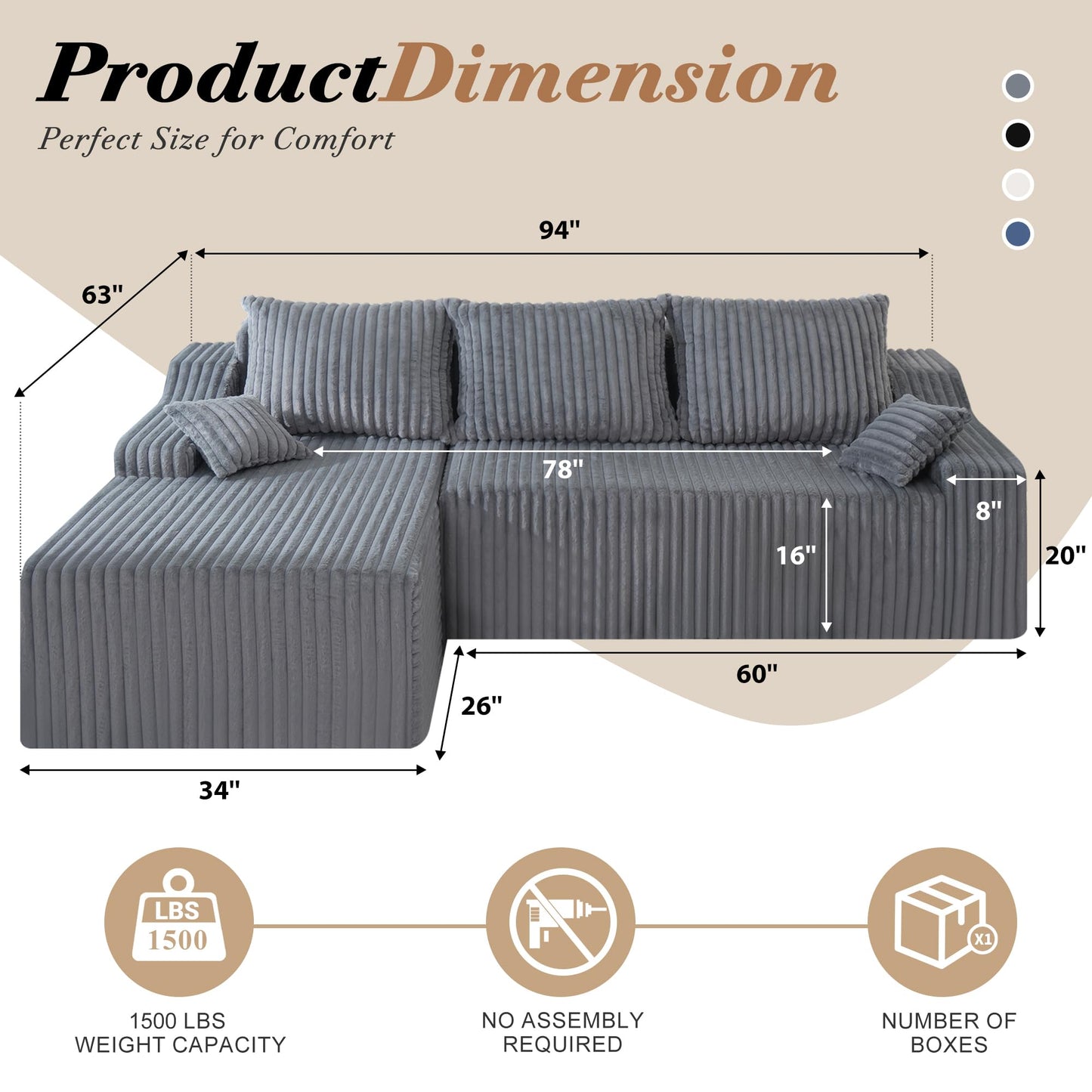 HABUTWAY 94" L-Shape Modular Sectional Sofa Couch for Living Room, No Assembly Required, Boneless Couch with Deep Seat for Living Room Bedroom, No Assembly Required (Grey,Left)