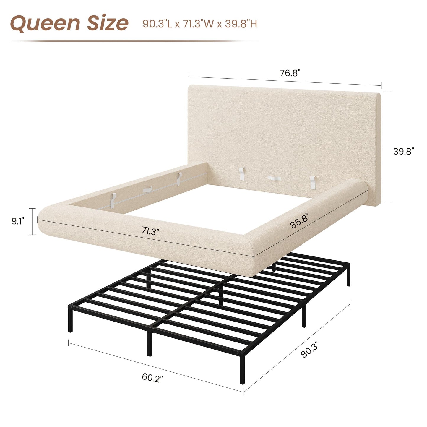 Garvee Queen Size Bed Frame with Upholstered Headboard, Modern Cloud Platform Bed Queen, No Box Spring Needed, Easy Assembly, Soft Plush Fabric, White
