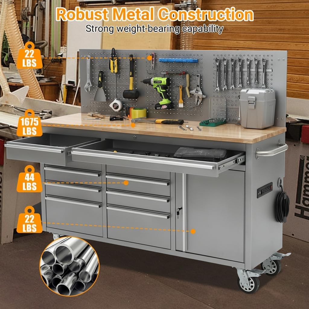 PeakPursuit 61" Rolling Tool Chest with 10 Drawers, Workbench Cabinet with Power Strip, Solid Rubber Wood Top, Pegboard, 1675 LBS Load, Mobile Heavy Duty Garage Storage, Locking Wheels, Silver