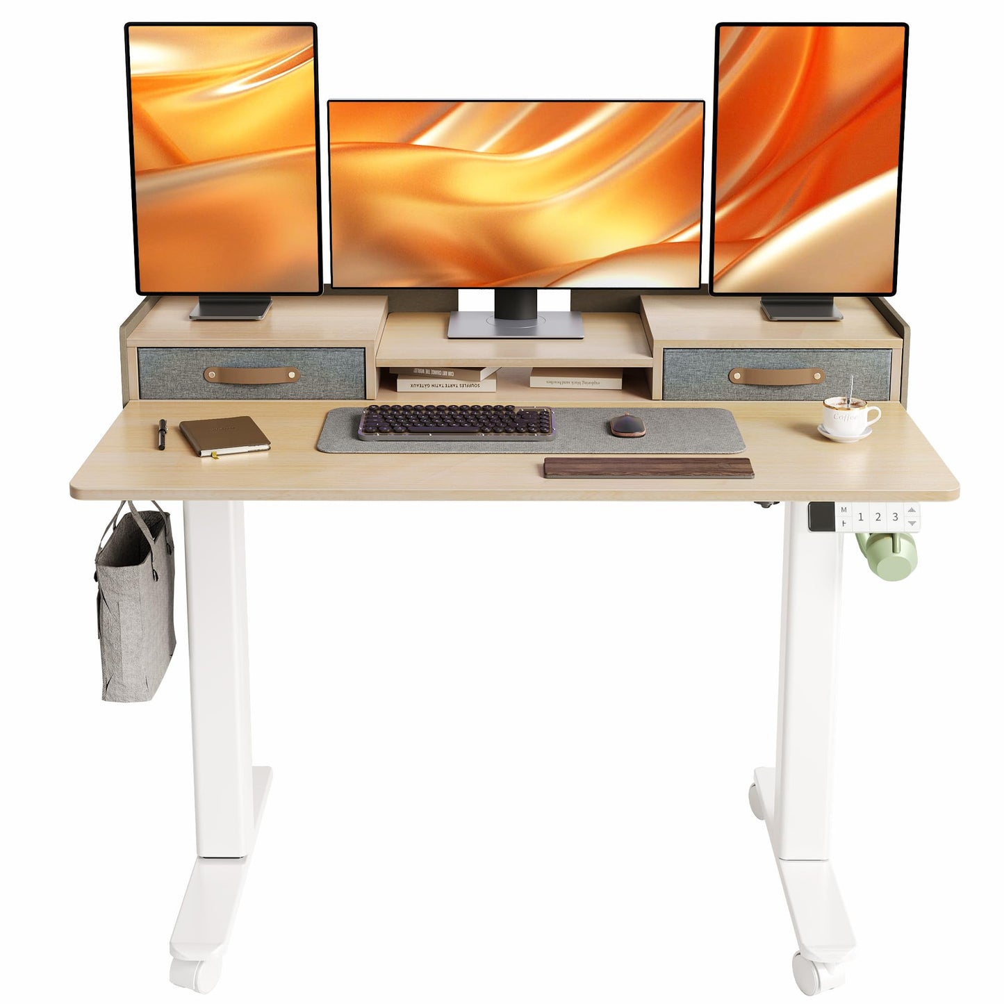 YDN Standing Desk with Drawers, 48 Inch Standing Desk Adjustable Height, Adjustable Electric Stand Up with Storage and Shelf, Natural