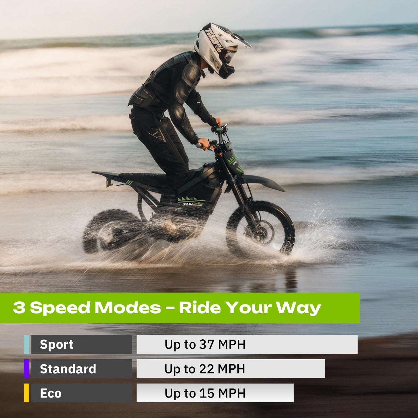 Windone RS5 Electric Dirt Bike for Teens & Adults (13+), Up to 37 MPH, 45 Miles Range, 2200W Peak Motor, 14"/12" Off-Road Tires, Hydraulic Suspension, 3-Speed Modes Electric Motorcycle (Green)