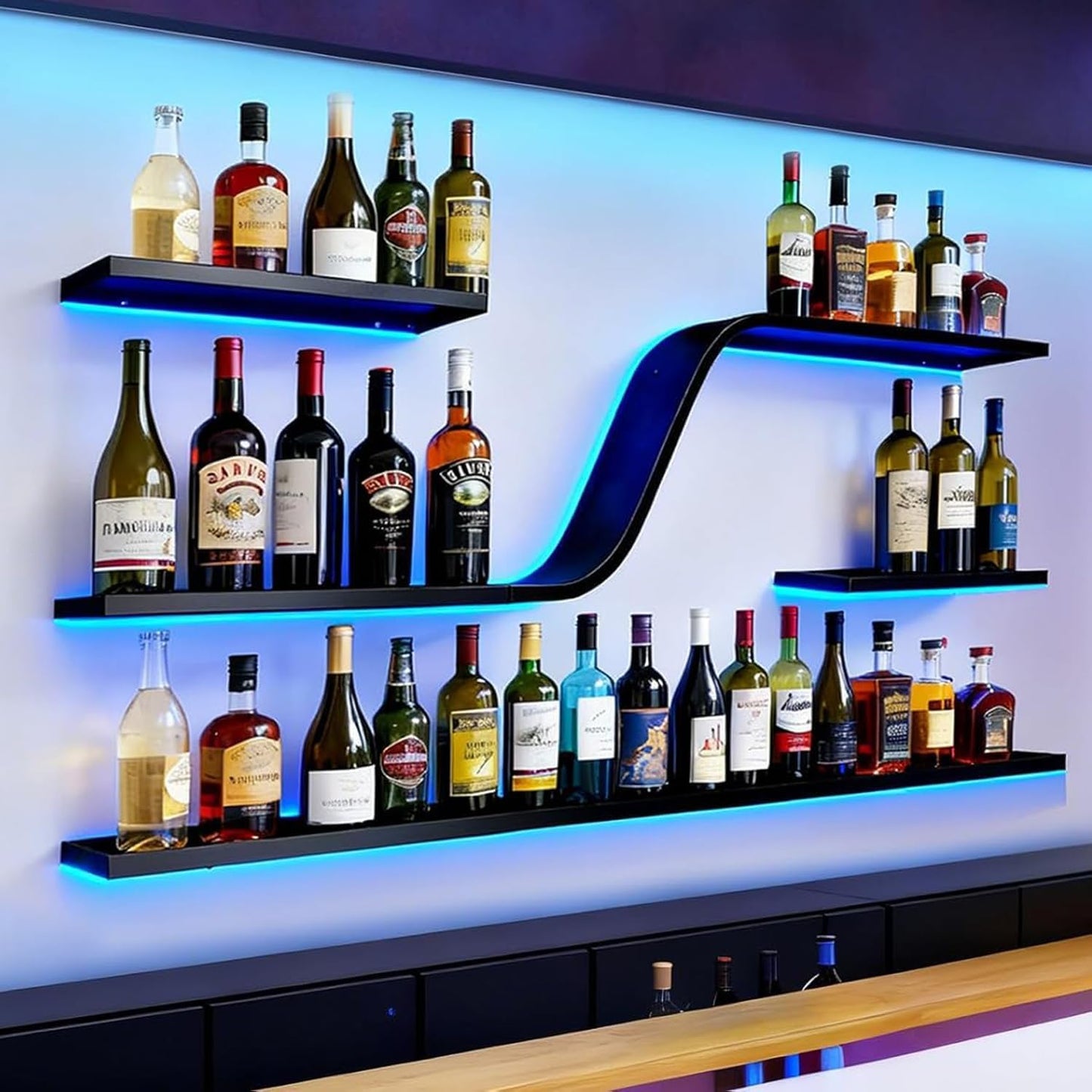 VITNSVILE 59IN Modern Wall Mounted Wine Rack with Blue LED Light