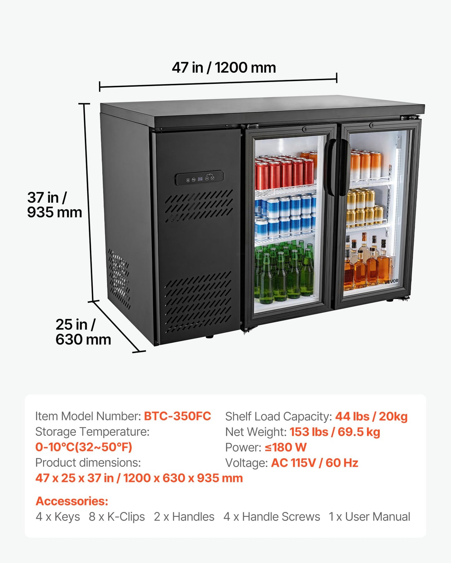 VEVOR Back Bar Cooler, 11.8 Cu. Ft Counter Height Beverage Refrigerator, Commercial Display Fridge w/ 2 Glass Doors, LED Lighting, Shelves, Fan Cooling Beer Wine Cooler for Pub, Merchandiser, Office